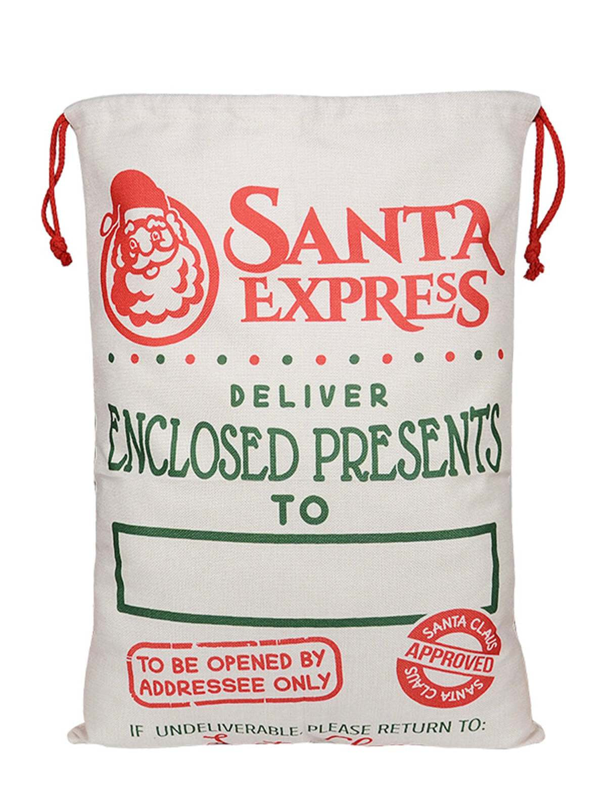 Santa Express gift sack with red drawstrings and holiday-themed text for enclosed presents delivery.