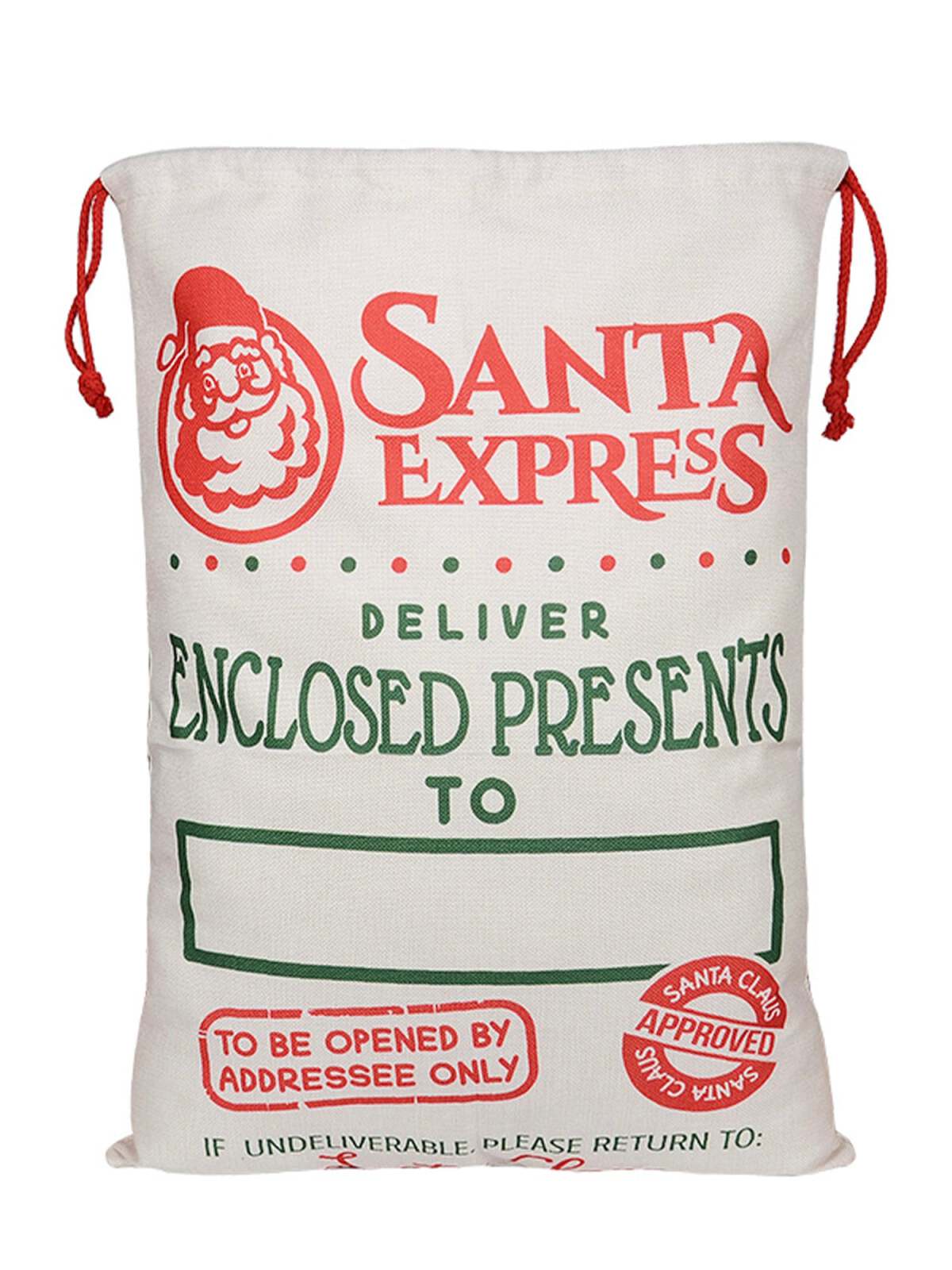 Santa Express gift sack with red drawstrings and holiday-themed text for enclosed presents delivery.