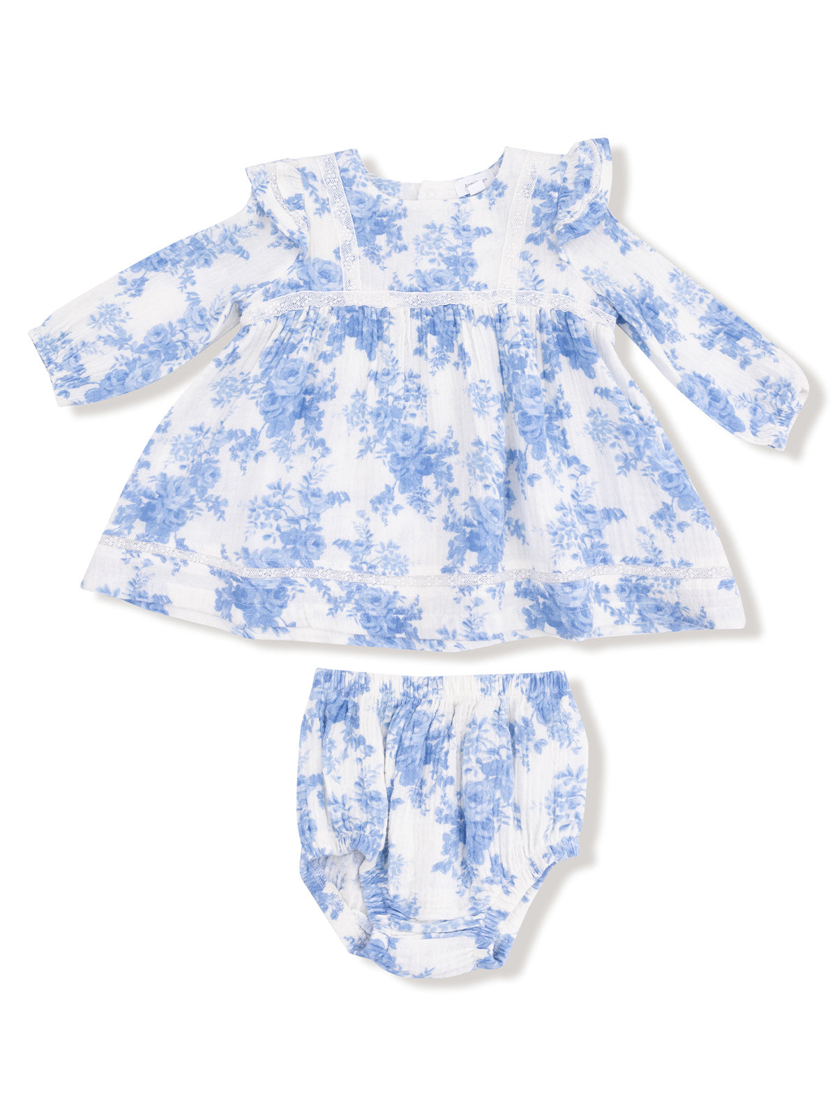 Blue floral dress and matching bloomer set for infants, featuring ruffled sleeves and delicate lace details.