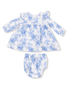 Blue floral dress and matching bloomer set for infants, featuring ruffled sleeves and delicate lace details.