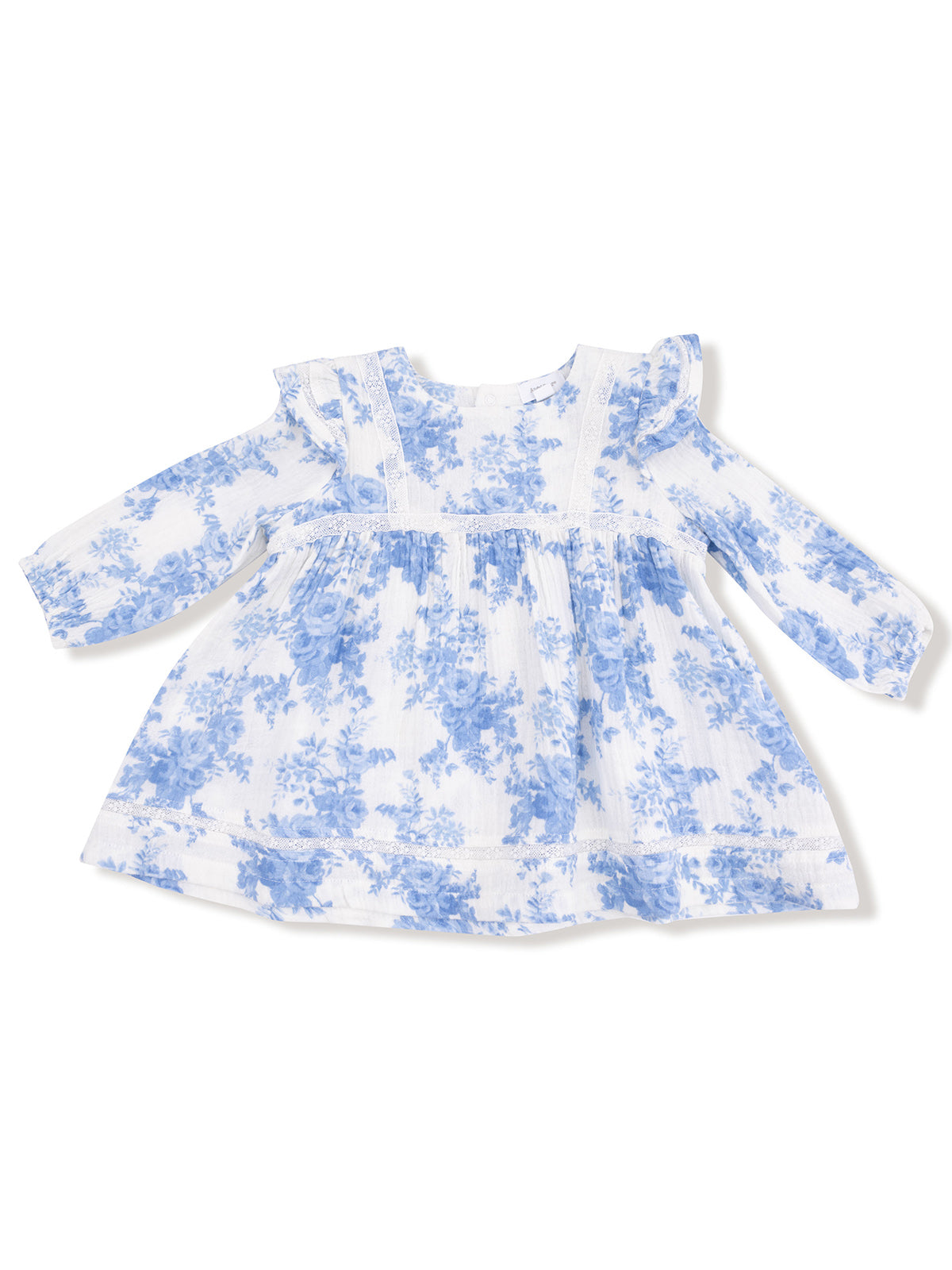White dress with blue floral pattern and ruffled sleeves, perfect for spring or summer wear.