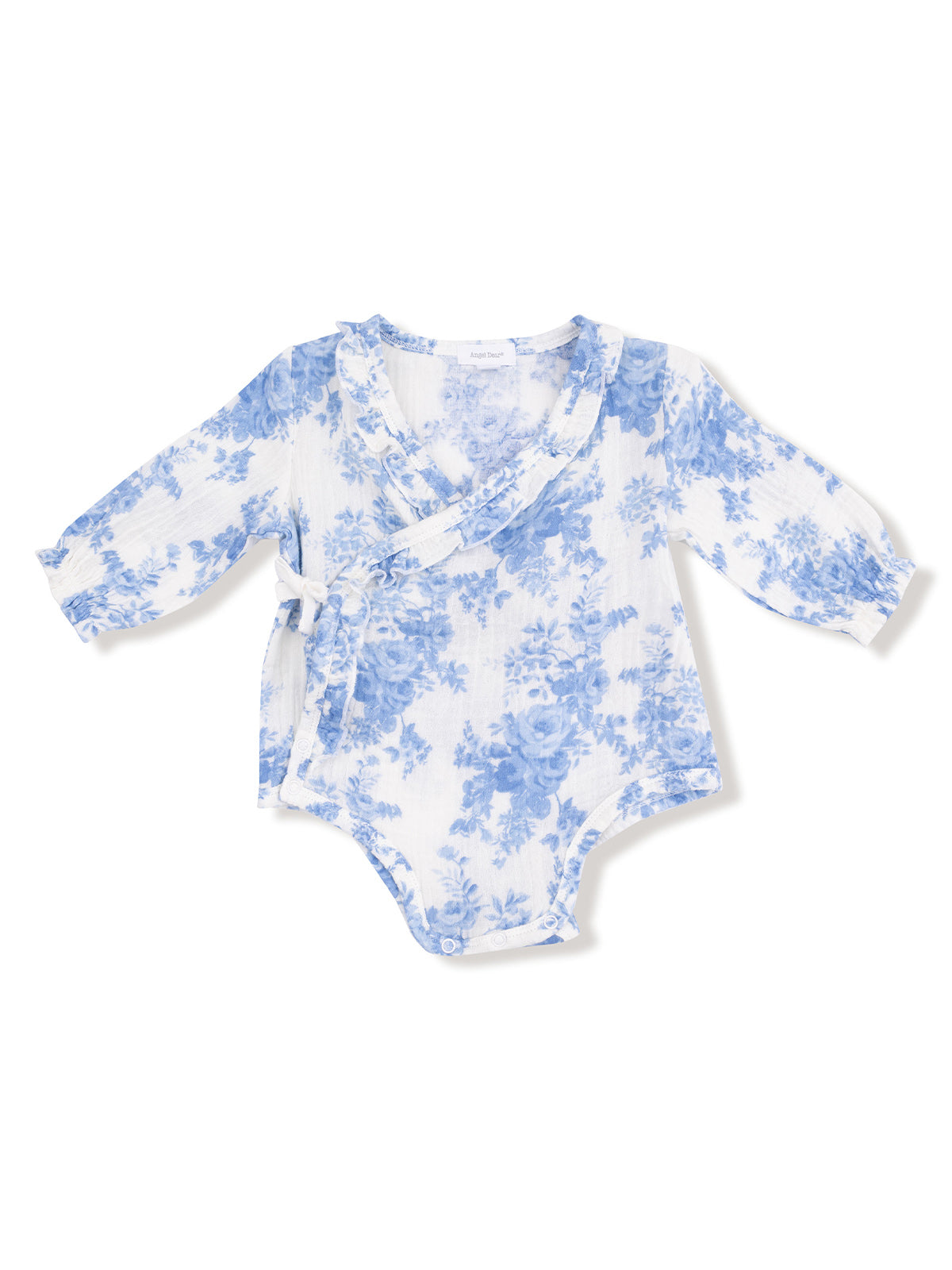 Blue floral baby bodysuit with long sleeves and wrap design. Ideal for stylish and comfortable infant wear.