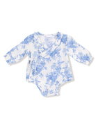 Blue floral baby bodysuit with long sleeves and wrap design. Ideal for stylish and comfortable infant wear.