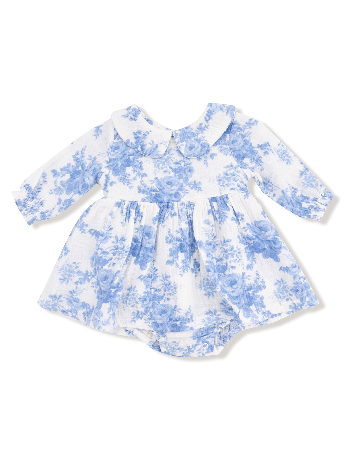 Blue floral dress with a collar for infants, featuring long sleeves and ruffled skirt. Adorable and stylish outfit.