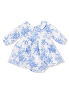 Blue floral dress with a collar for infants, featuring long sleeves and ruffled skirt. Adorable and stylish outfit.