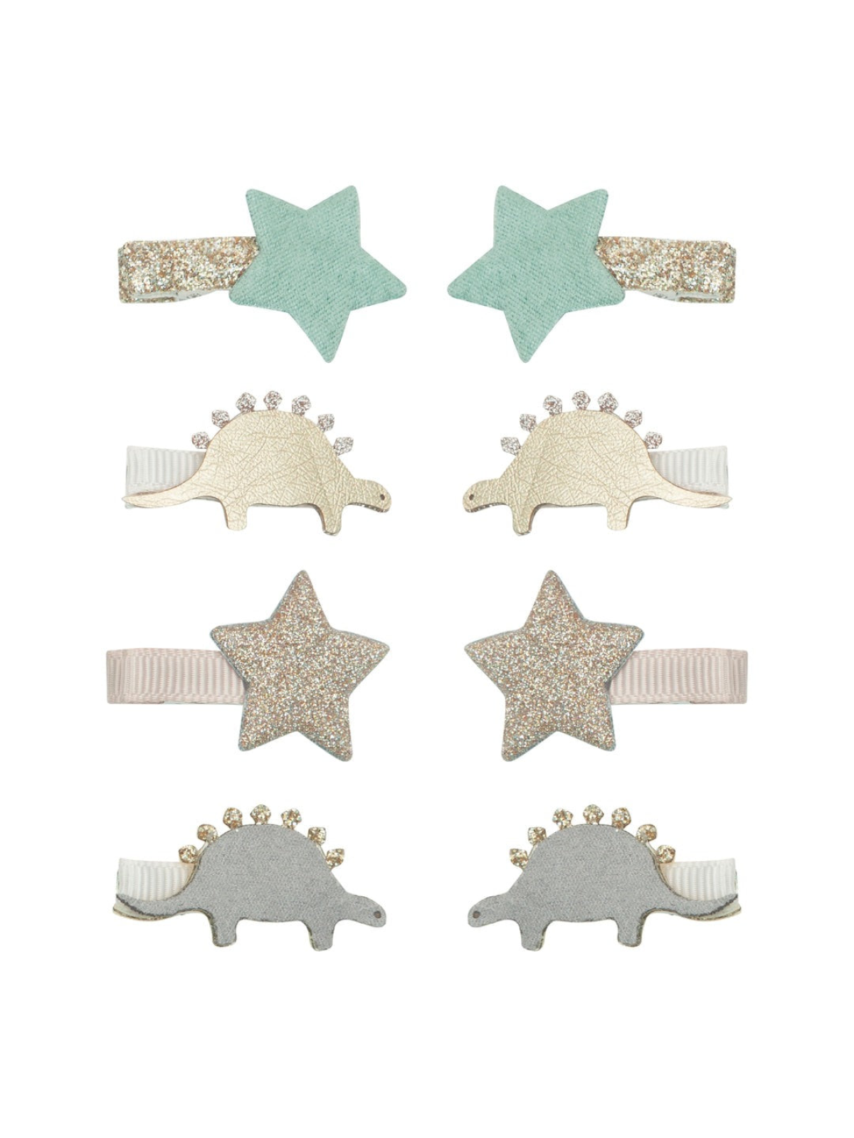 Set of hair clips featuring mint green stars and sparkly dinosaur designs in gold and silver.