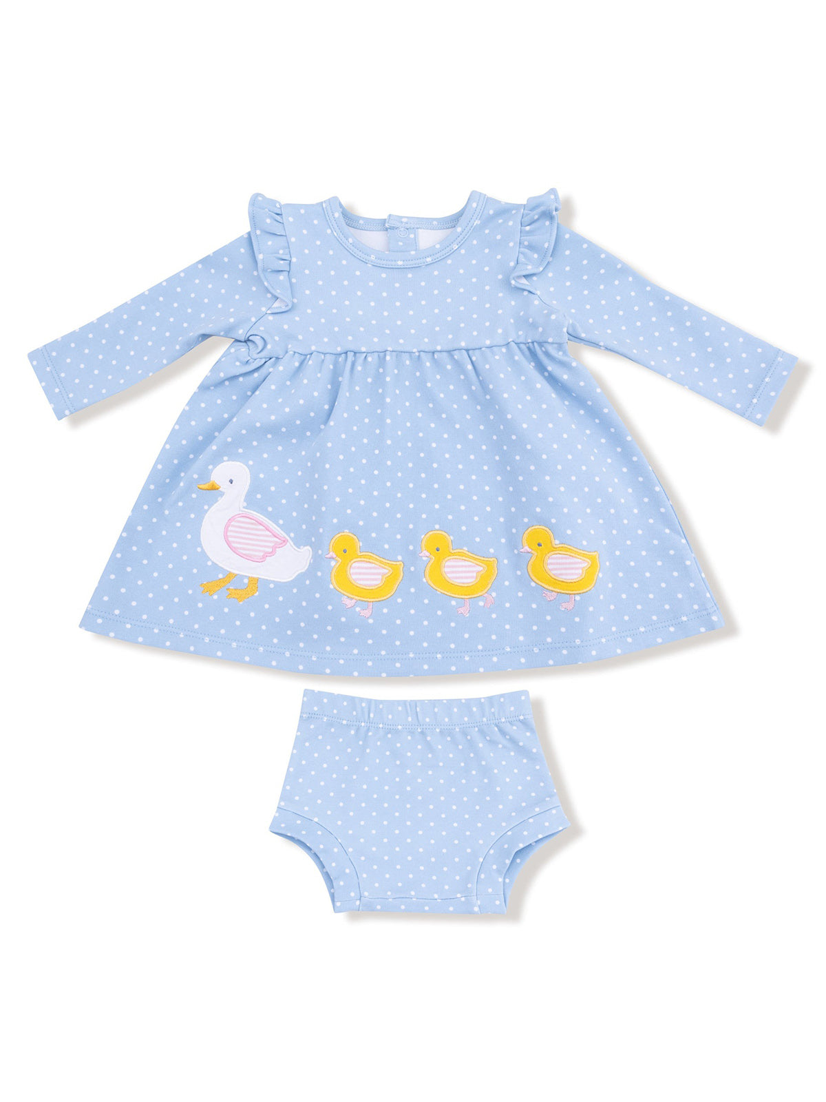 Light blue dress with polka dots, featuring a duck and four ducklings, paired with matching blue shorts.
