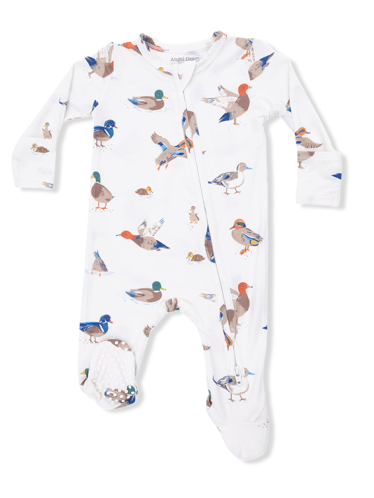 White baby onesie featuring colorful duck illustrations and a front zipper. Ideal for infants.