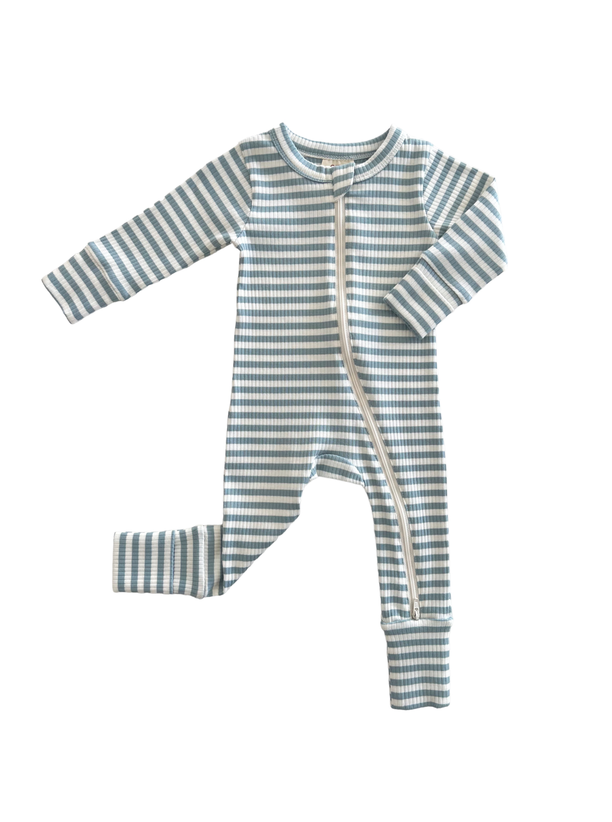 Blue and white striped children's onesie with long sleeves and a front zipper.