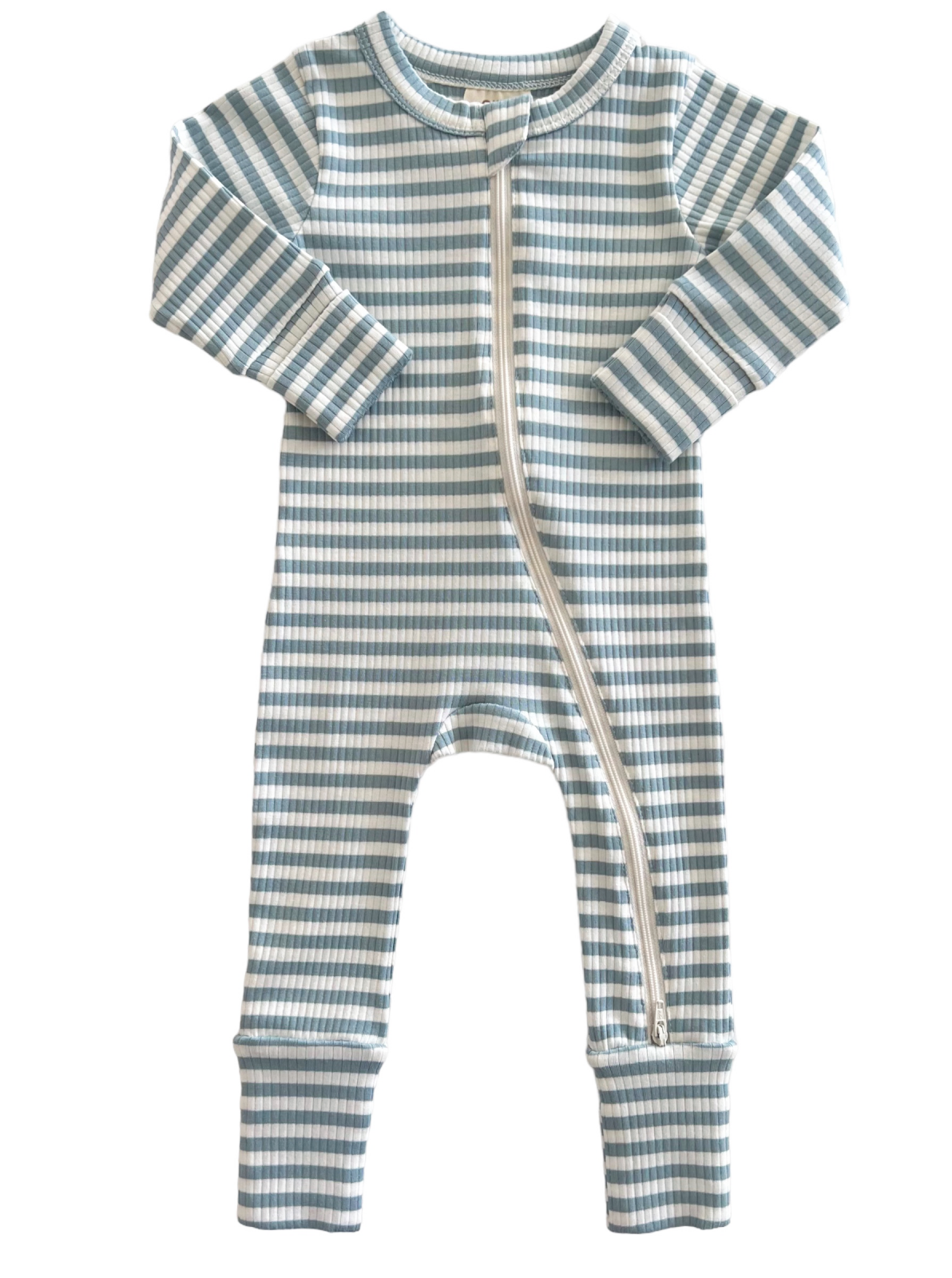 Light blue striped baby onesie with long sleeves and front zipper closure. Ideal for comfortable wear.
