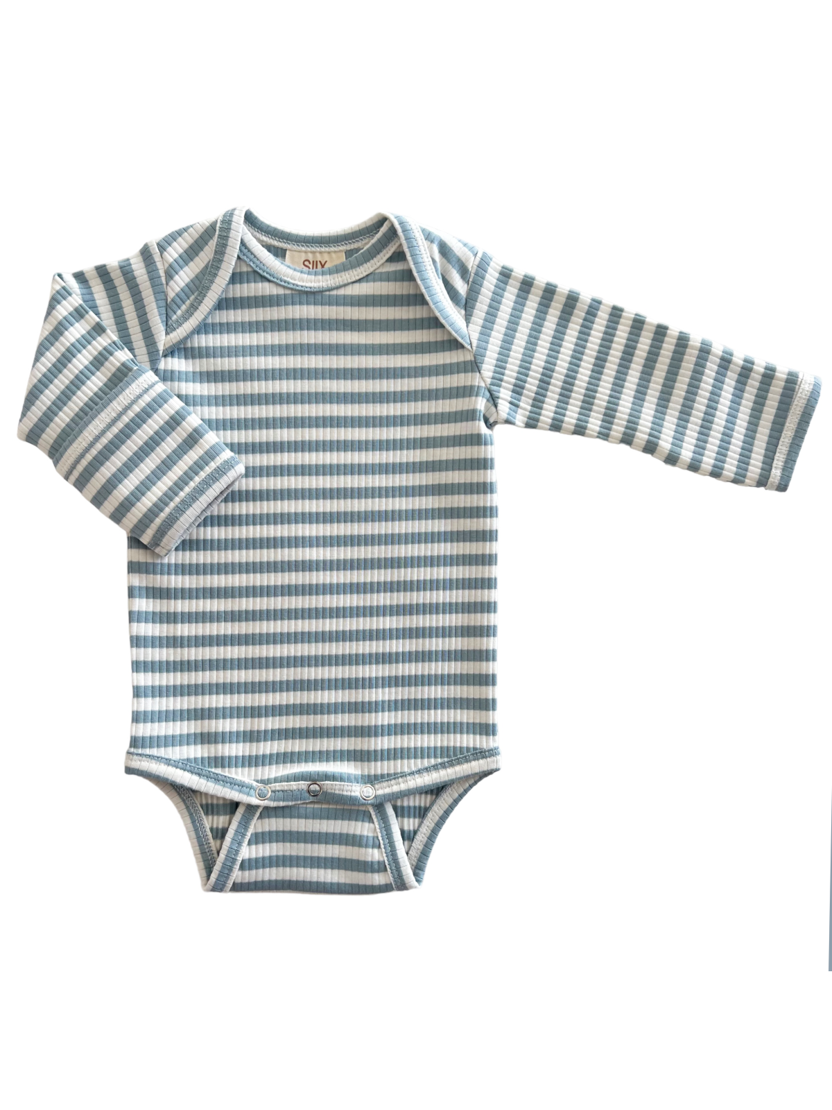 Light blue striped long-sleeve bodysuit for infants, featuring snap closures at the bottom.