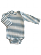 Light blue striped long-sleeve bodysuit for infants, featuring snap closures at the bottom.