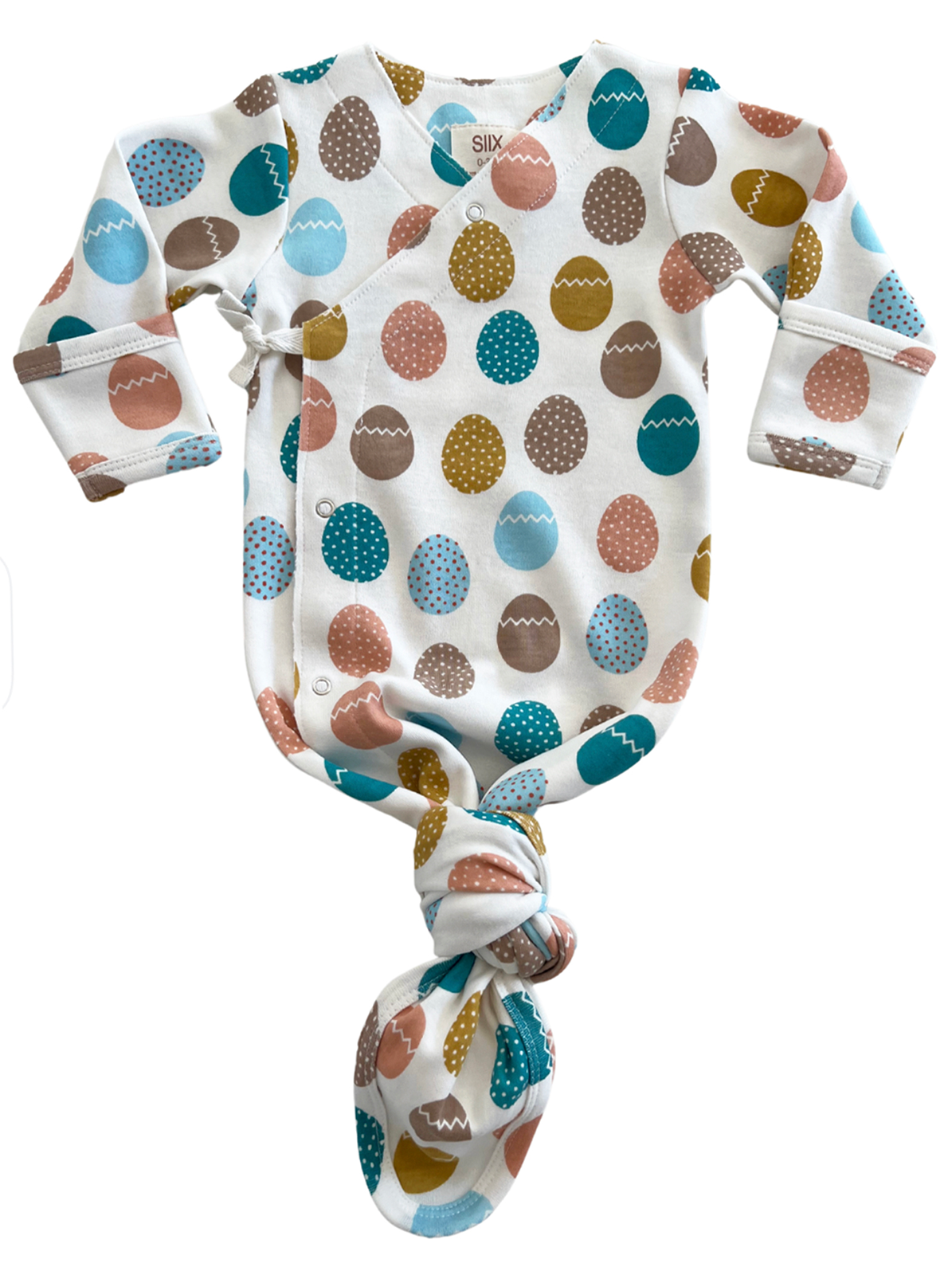 Baby onesie with colorful egg patterns in blue, brown, orange, and yellow, featuring a knotted bottom.