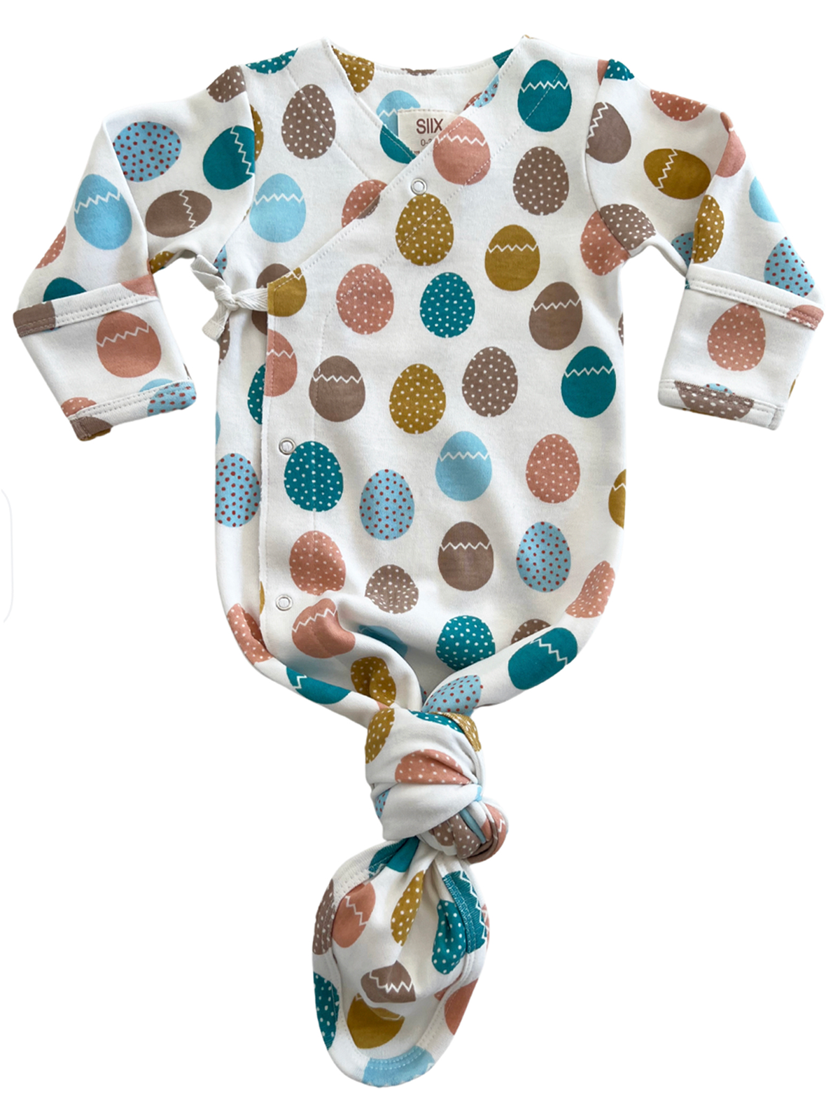 Baby onesie with colorful egg patterns in blue, brown, orange, and yellow, featuring a knotted bottom.