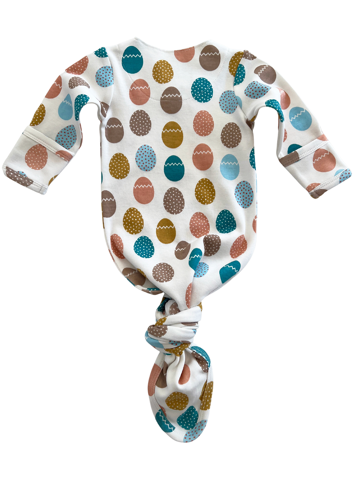 White baby outfit with colorful egg patterns and a knotted bottom. Ideal for spring or Easter celebrations.
