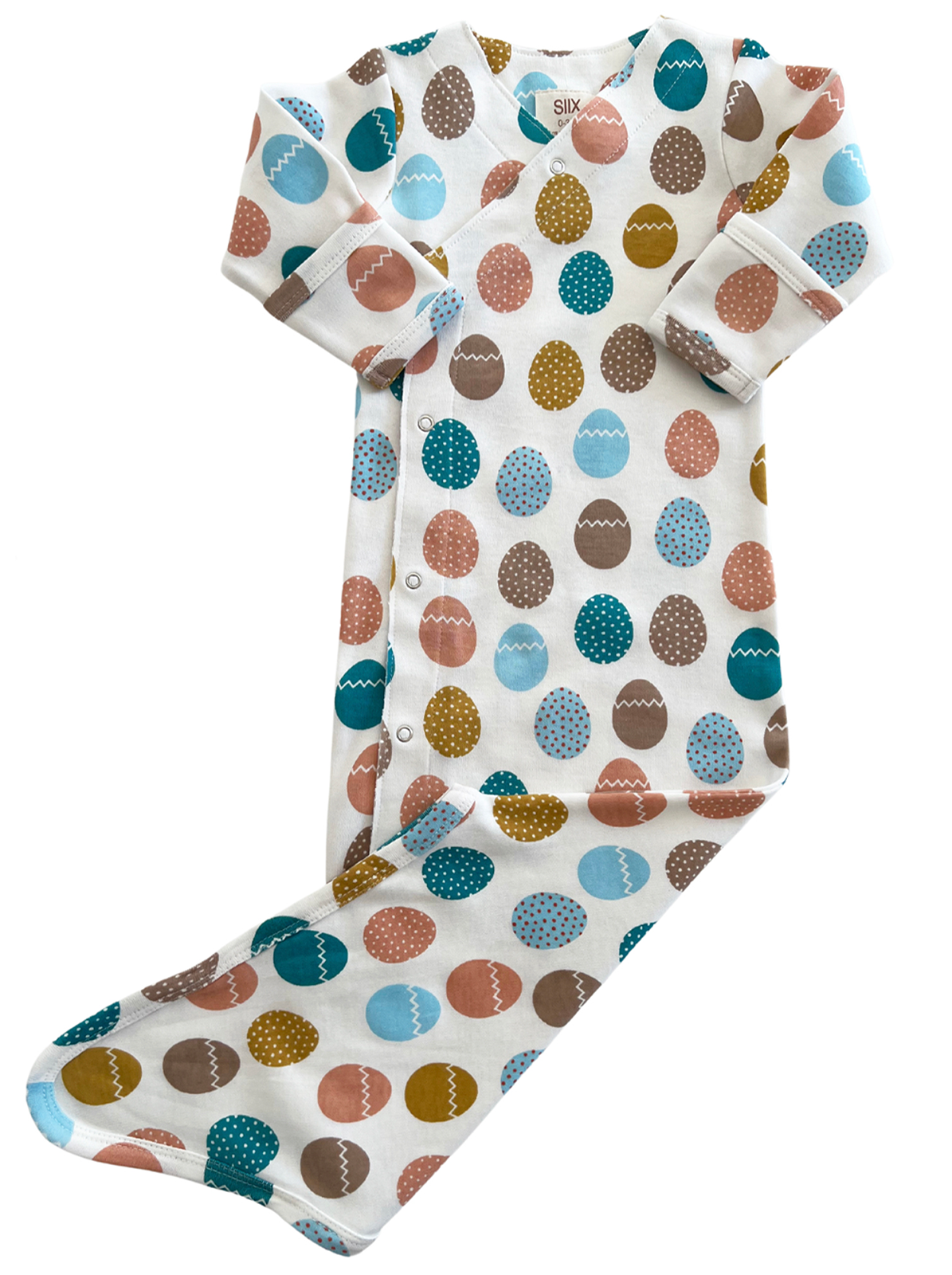 Baby onesie featuring colorful egg prints in blue, pink, and brown, with long sleeves and snap buttons.