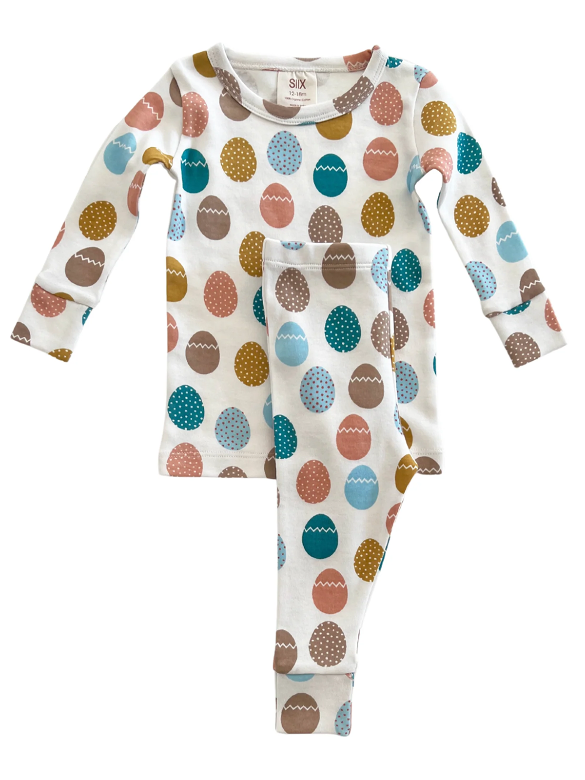 Children's pajama set featuring a white base with colorful egg patterns in various shades and designs.