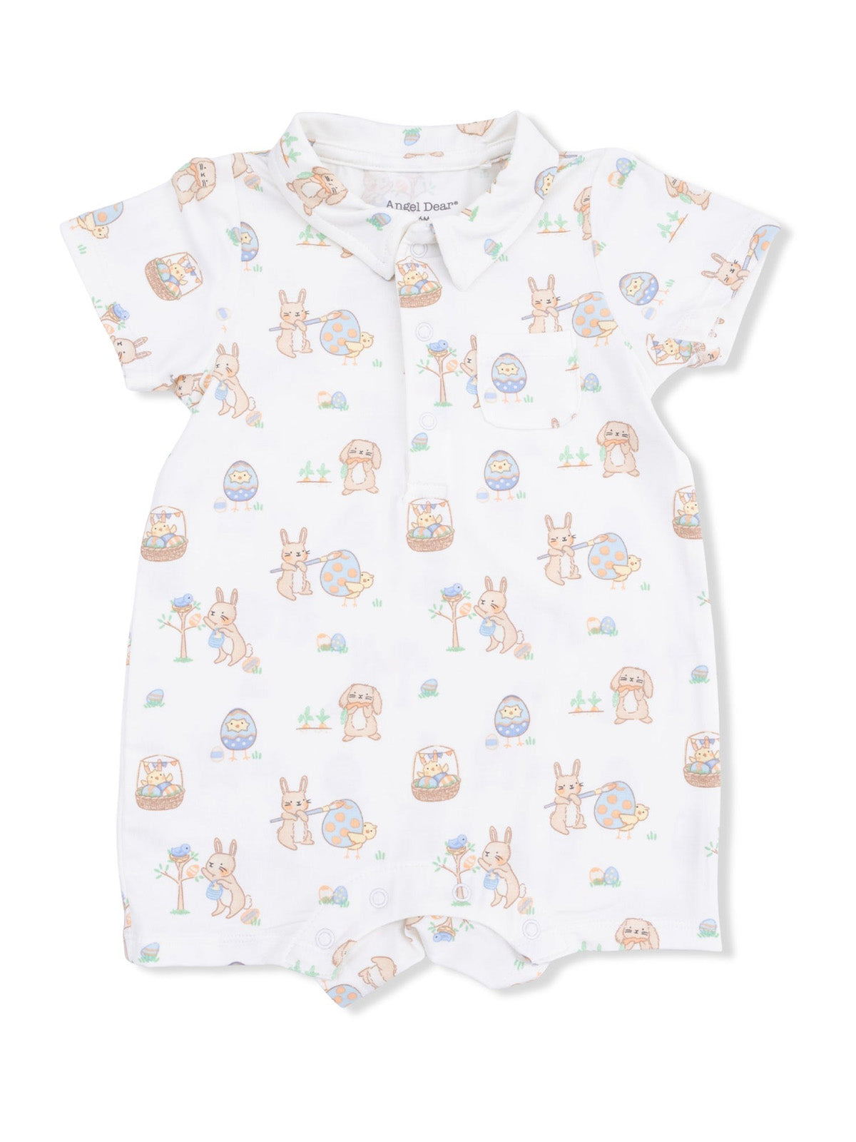White baby romper with pastel bunny and Easter egg pattern and a collared neckline. Perfect for springtime outings.