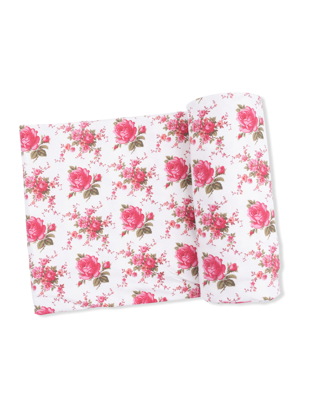 Floral fabric featuring pink roses on a white background, rolled and laid flat. Ideal for crafts and home decor.