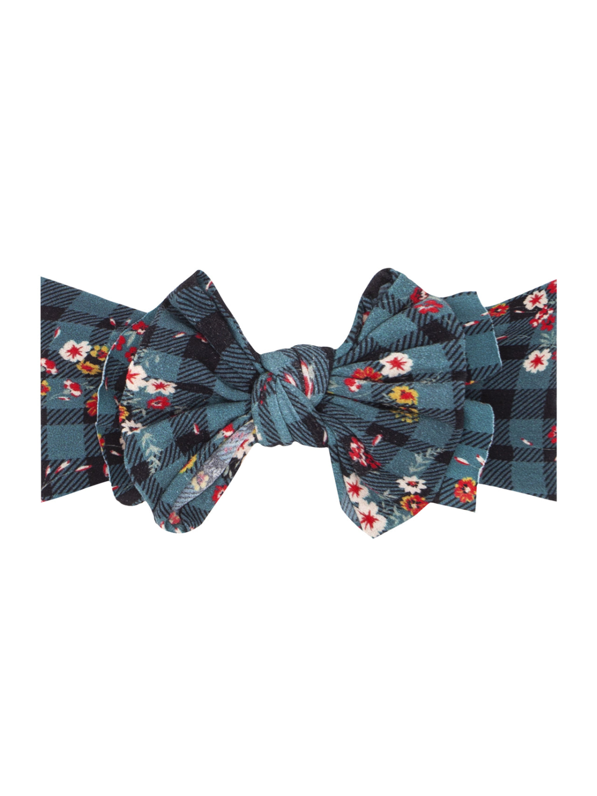 Floral plaid fabric bow tie in teal and black, featuring red and white flowers.