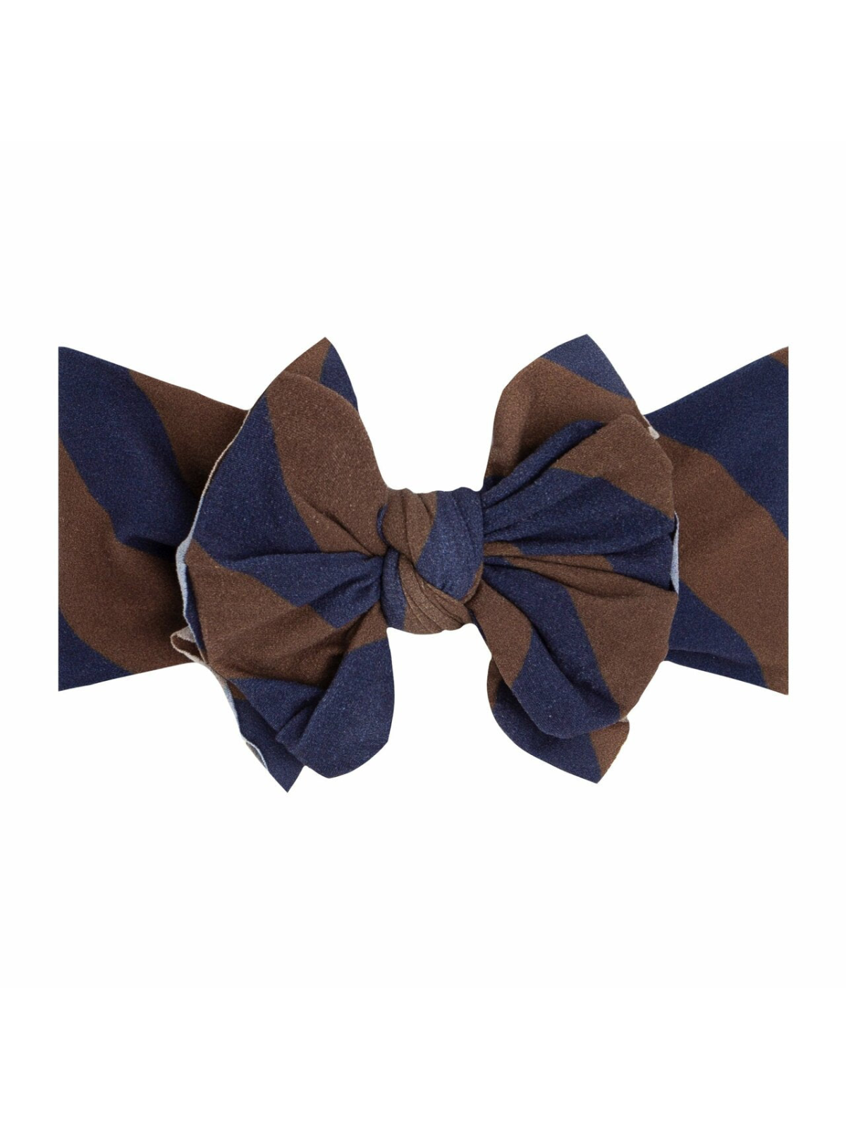 Navy and brown striped hair bow with a central knot, suitable for various hairstyles and occasions.
