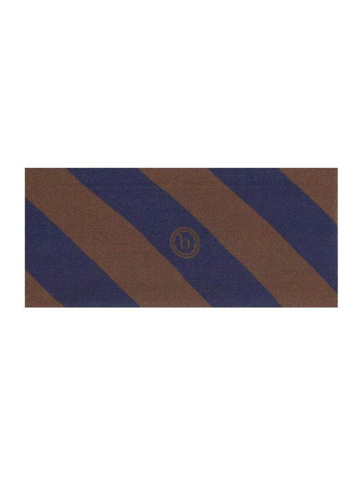 Brown and blue striped fabric with a circular logo in the center.