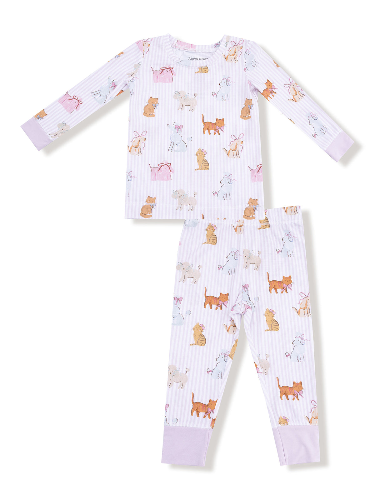 Cute children’s pajamas with a pastel animal print, featuring cats and dogs in playful poses.