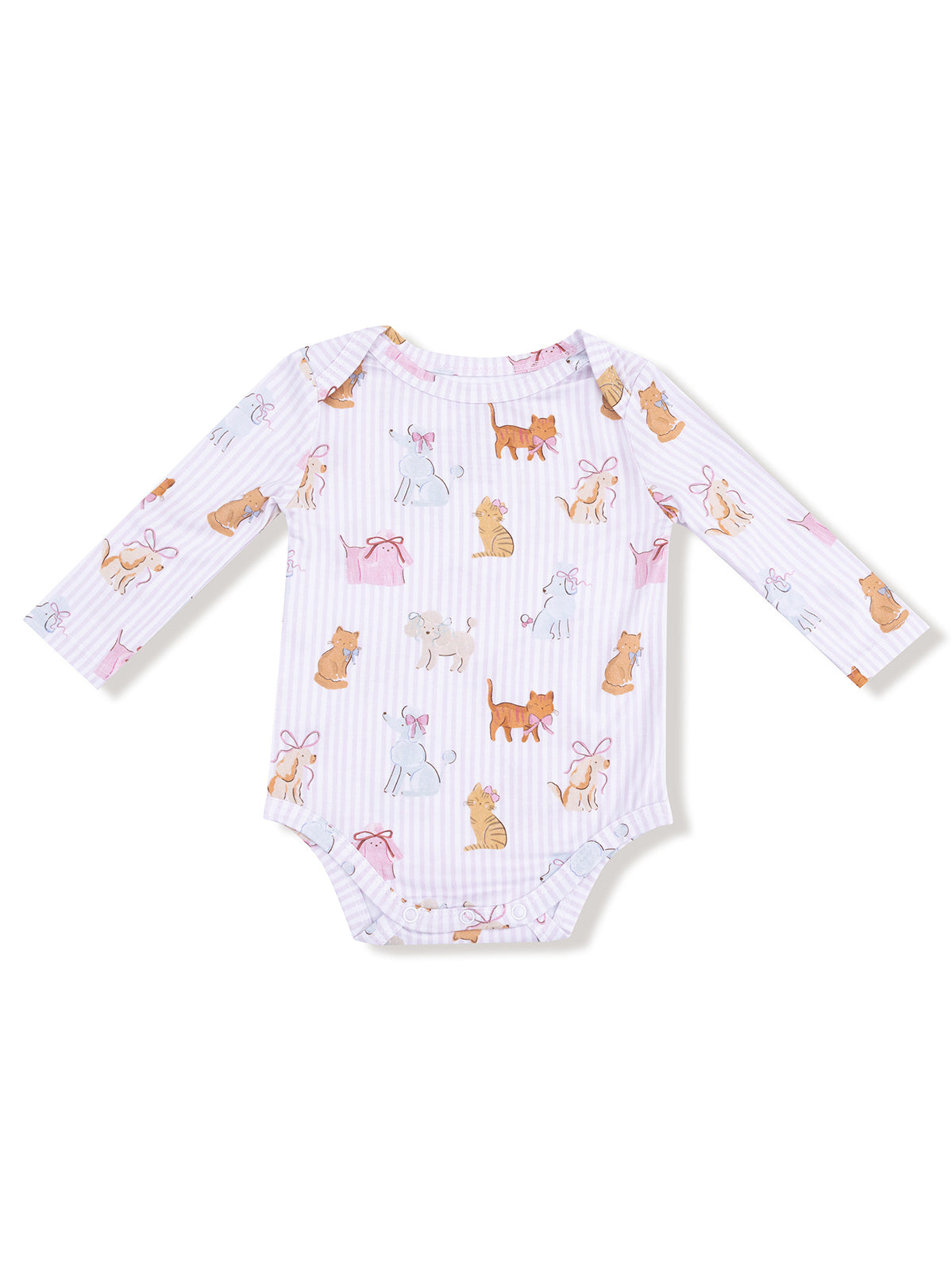 Long-sleeve baby bodysuit featuring a playful animal print in pastel colors on a striped background.
