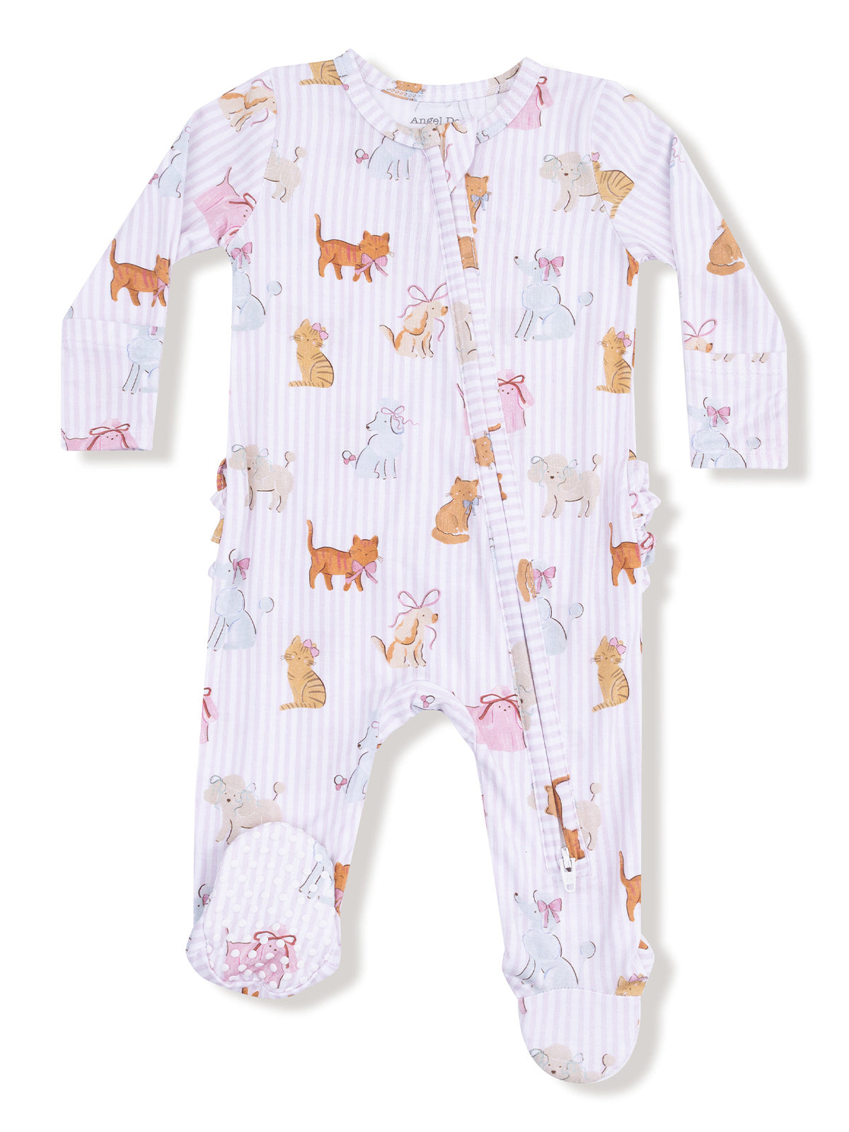 Light purple onesie adorned with playful animal prints and ruffles, perfect for baby sleepwear.