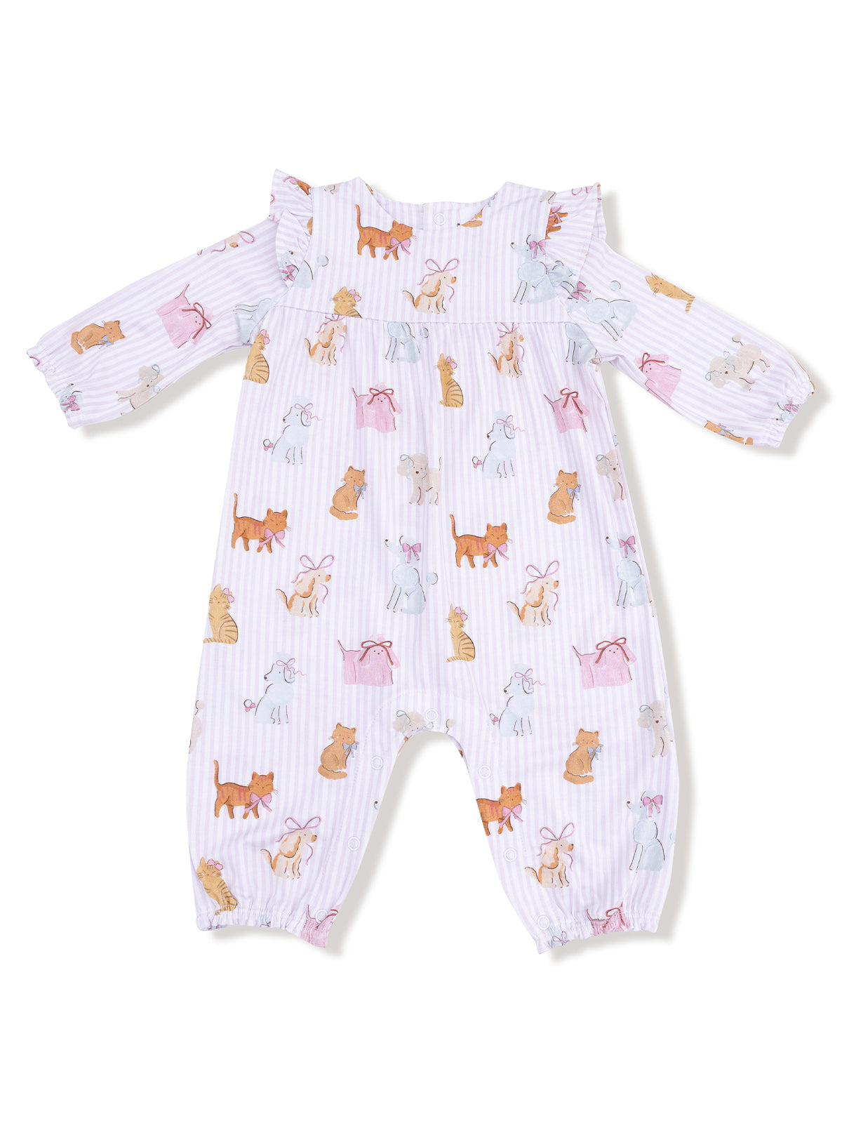 Baby romper with pastel animal prints on a light striped background. Perfect for playful outfits.