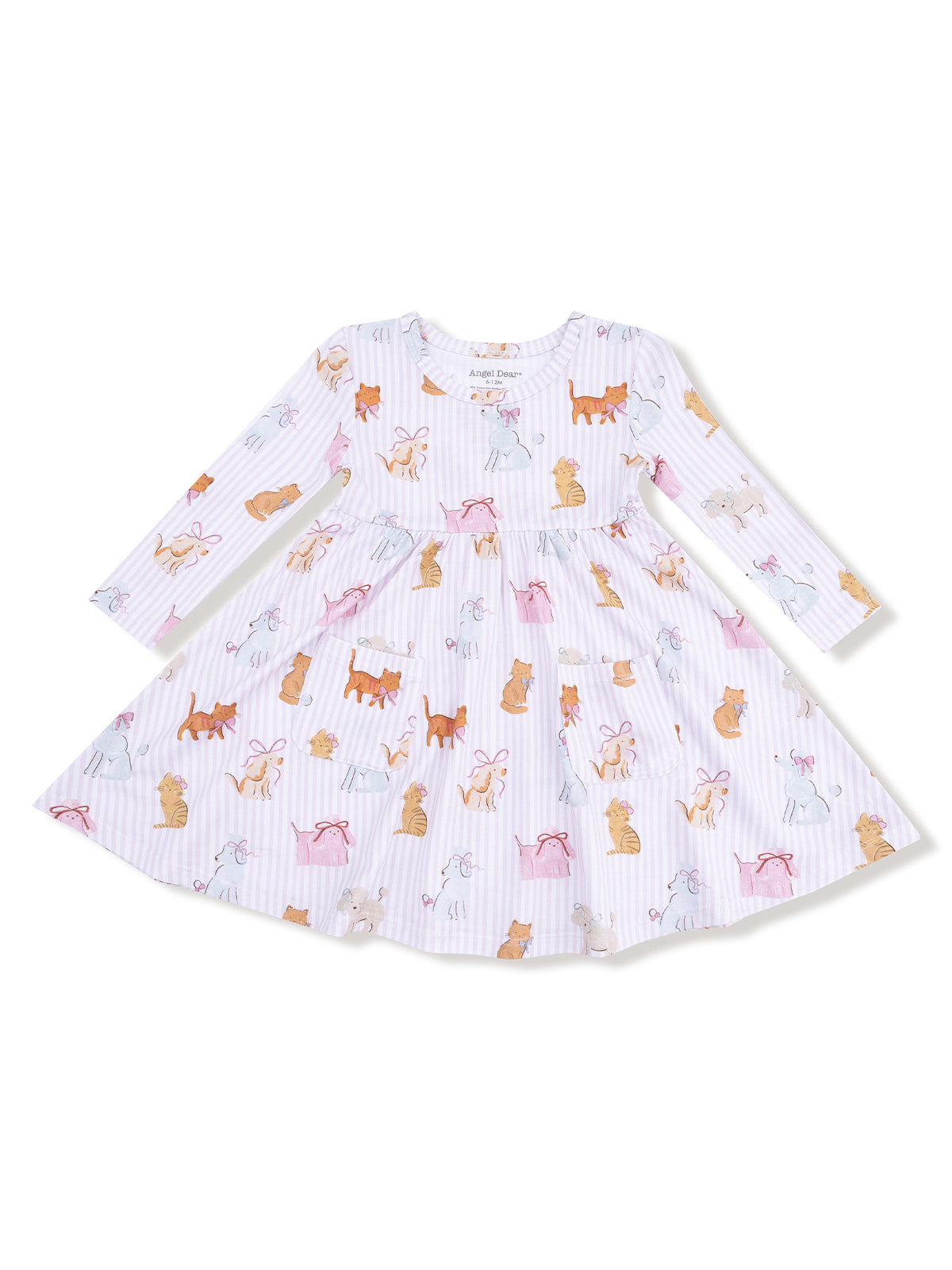 Long-sleeve dress with a playful animal print on a light striped background. Perfect for kids' casual wear.