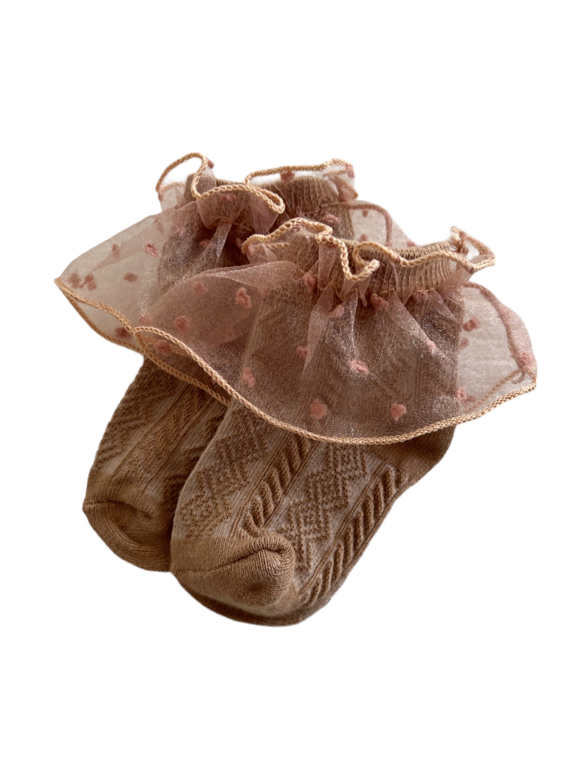 Brown socks with a ruffled, sheer overlay featuring pink polka dots.