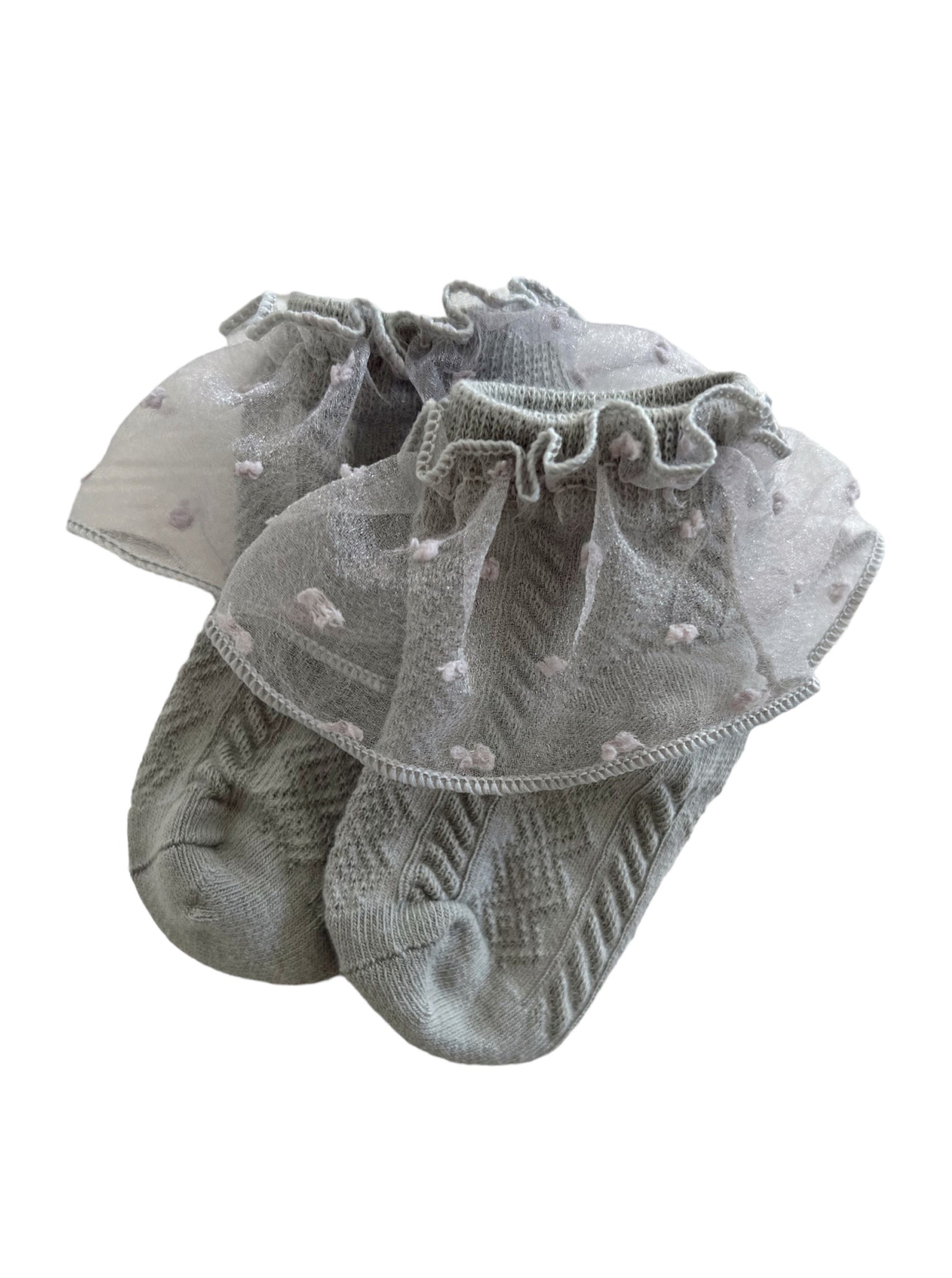 Gray knitted socks with a frilly tulle accent and small pink dots. Perfect for stylish infant wear.