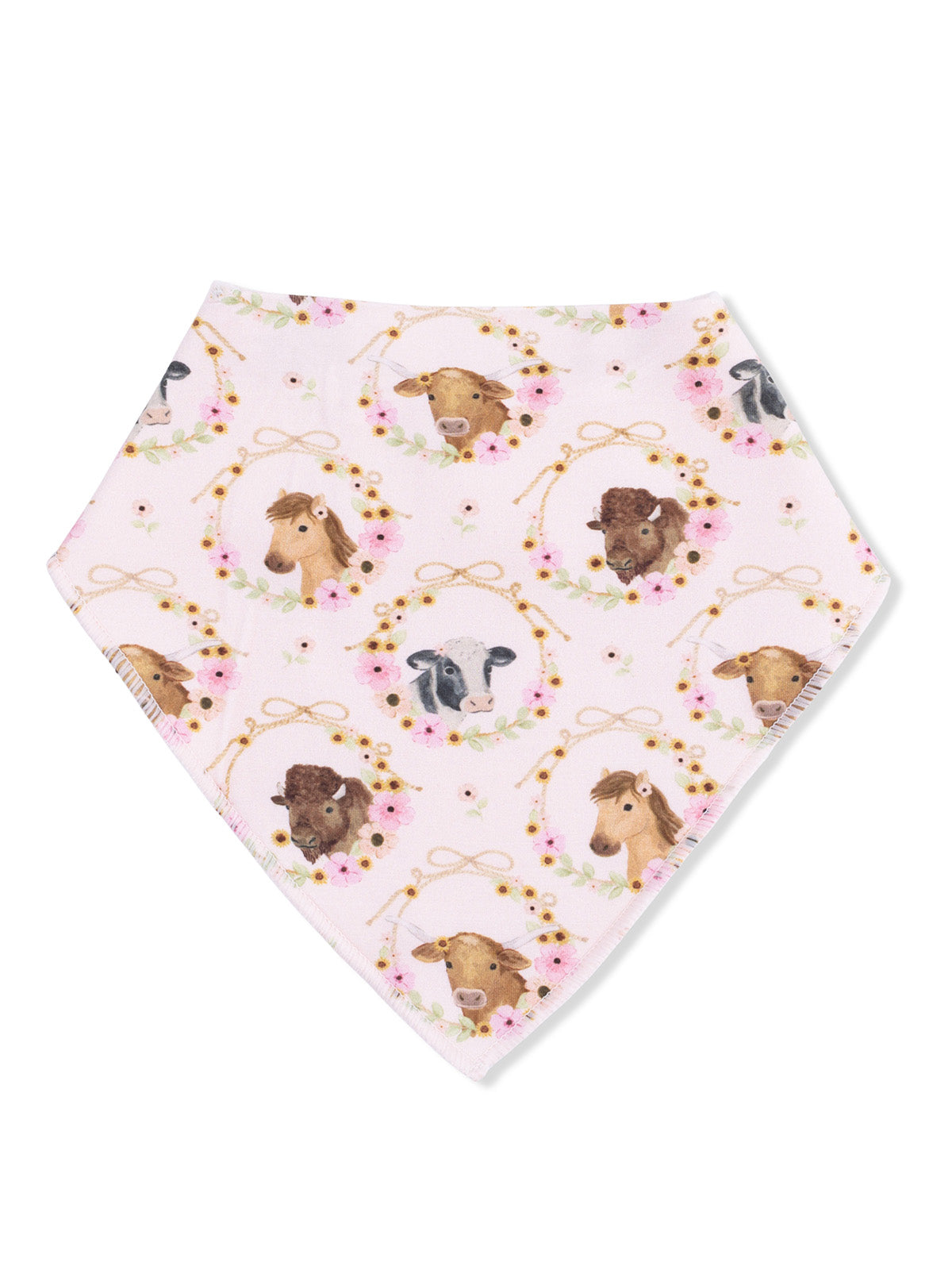 Pink bandana featuring illustrations of farm animals in floral wreaths.