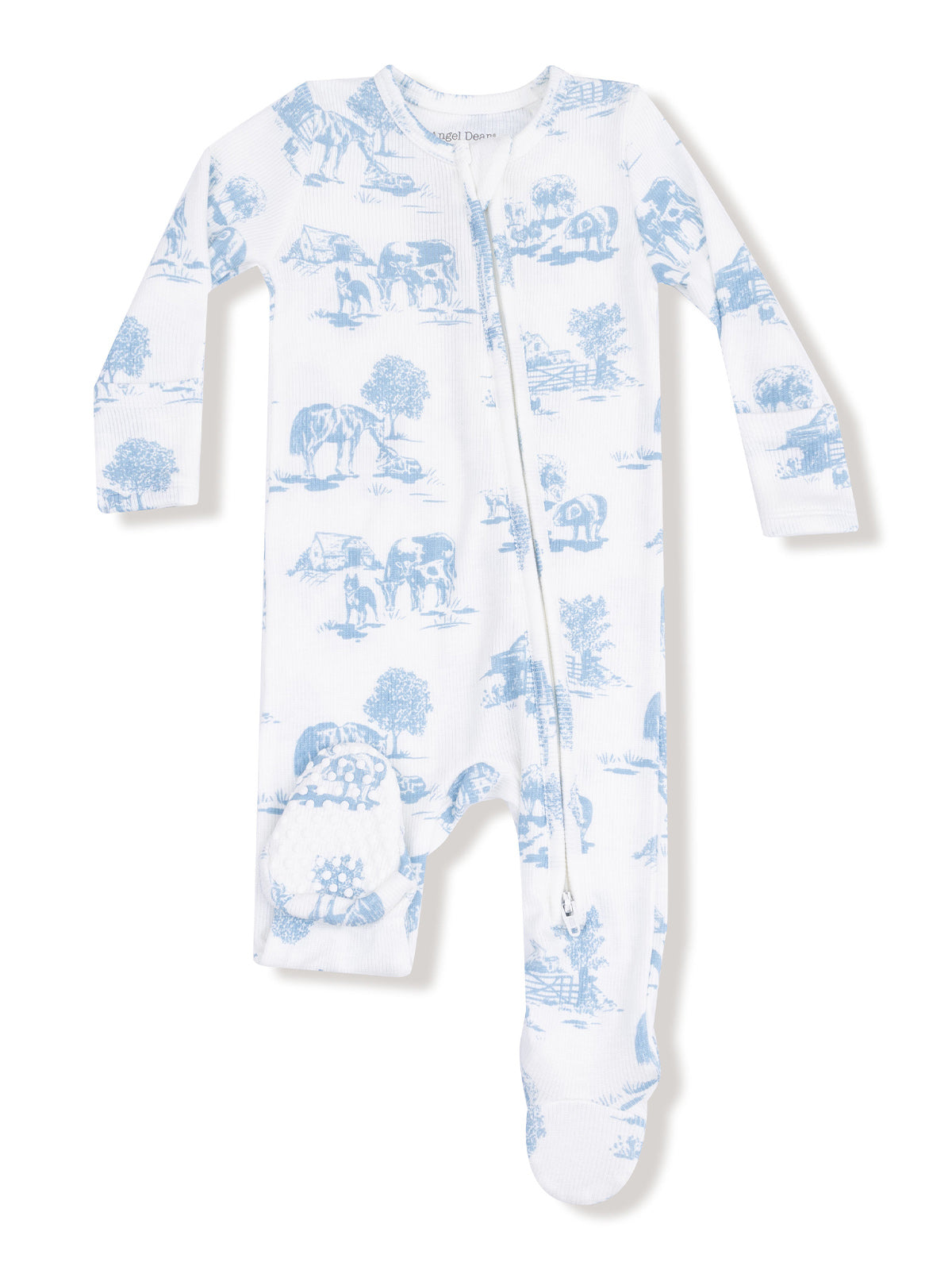 White baby onesie with blue farm animal prints, featuring long sleeves and footed design. Zipper front closure.
