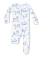 White baby onesie with blue farm animal prints, featuring long sleeves and footed design. Zipper front closure.
