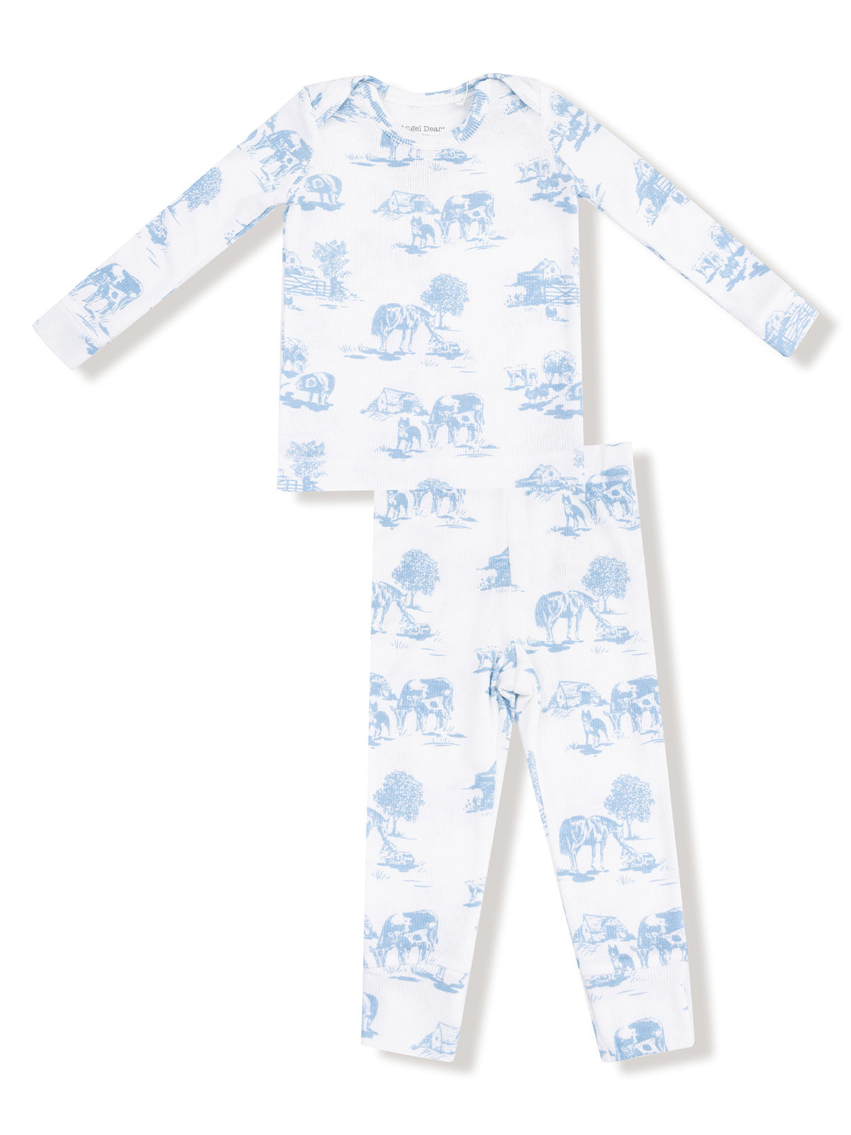 Children's pajamas featuring a farm-themed pattern with blue illustrations of cows and trees on a white background.