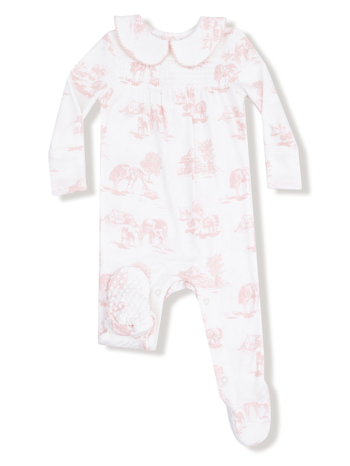Light pink infant romper with a smocked top and animal print, featuring a peter pan collar and snap closure.