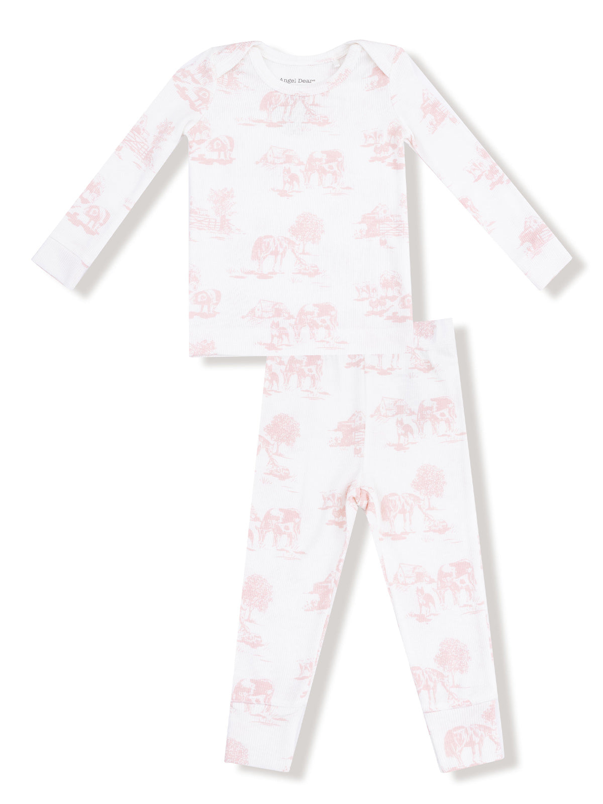 White ribbed pajama set featuring pink farm animal prints on the top and bottoms.
