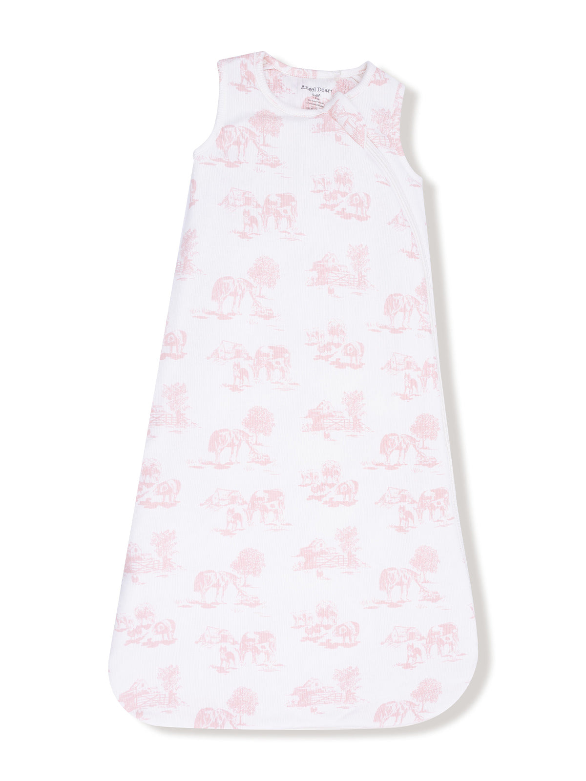 Pink and white sleeveless sleep sack with farm animal patterns for infants. Soft, cozy, and lightweight fabric.