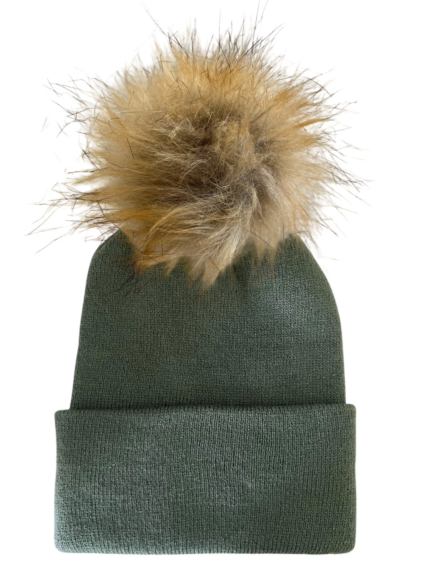 Green beanie hat with a fluffy tan pom-pom on top. Ideal for winter fashion and warmth.