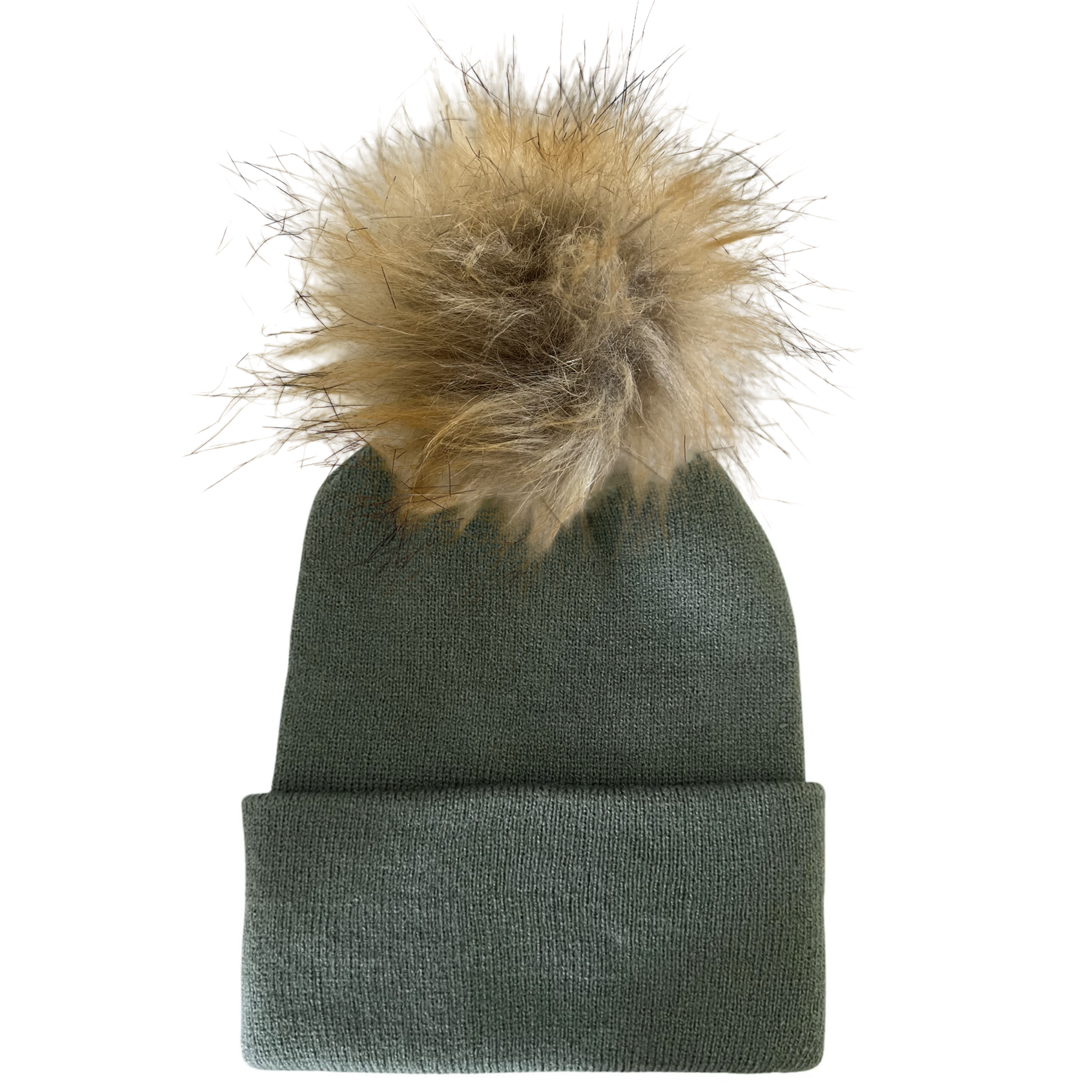 Green beanie hat with a fluffy tan pom-pom on top. Ideal for winter fashion and warmth.