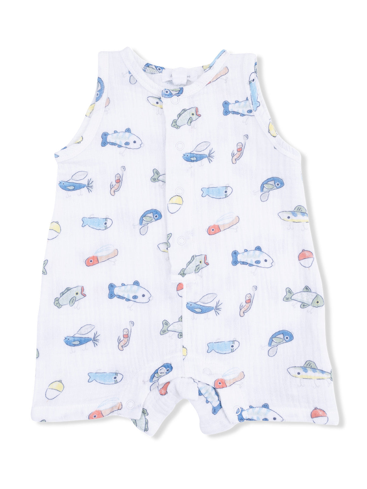 White sleeveless romper featuring colorful fish and beach ball print, perfect for infants.