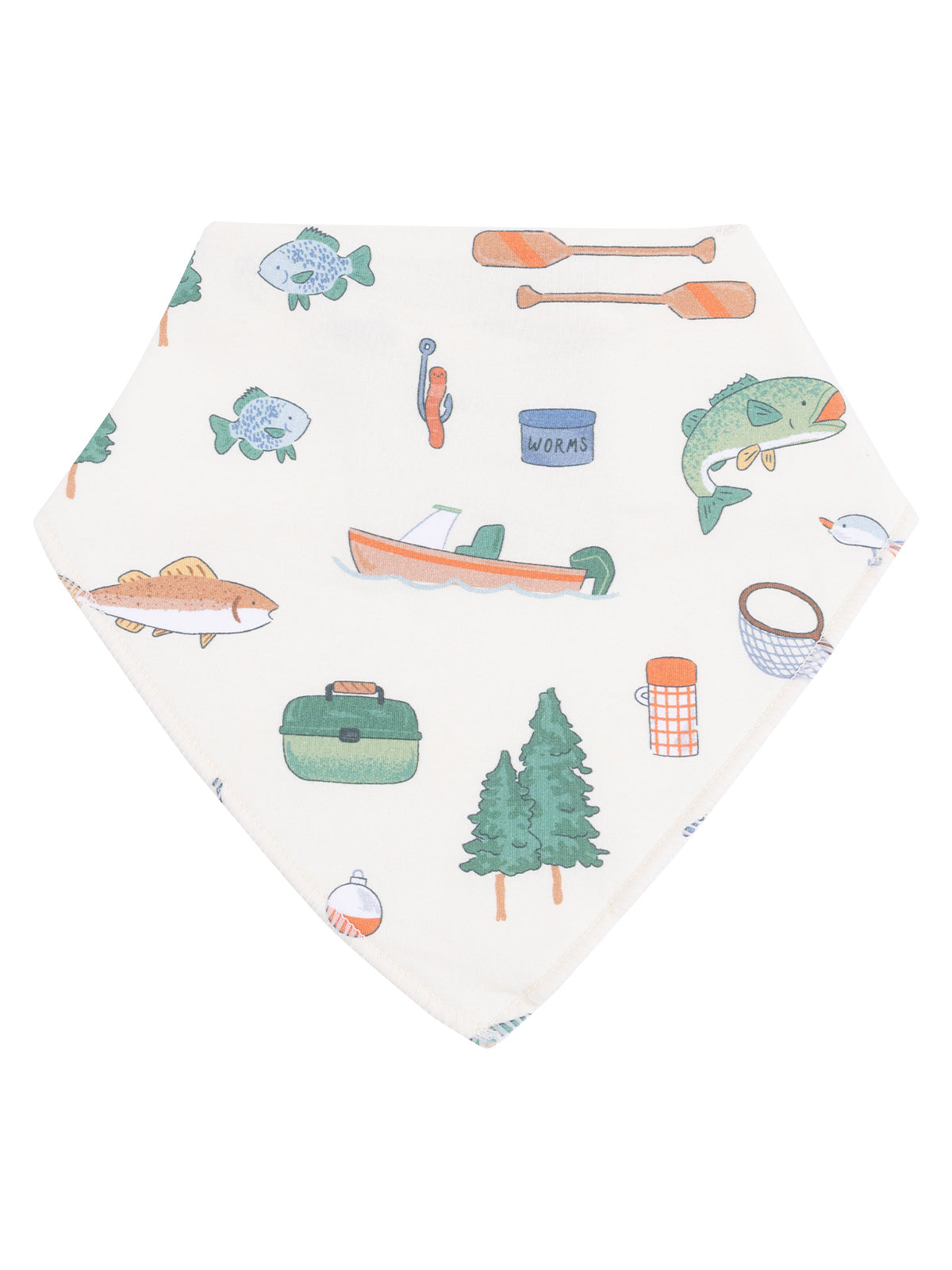 Fishing-themed bandana with illustrations of fish, boat, trees, and fishing gear on a cream background.