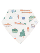 Fishing-themed bandana with illustrations of fish, boat, trees, and fishing gear on a cream background.