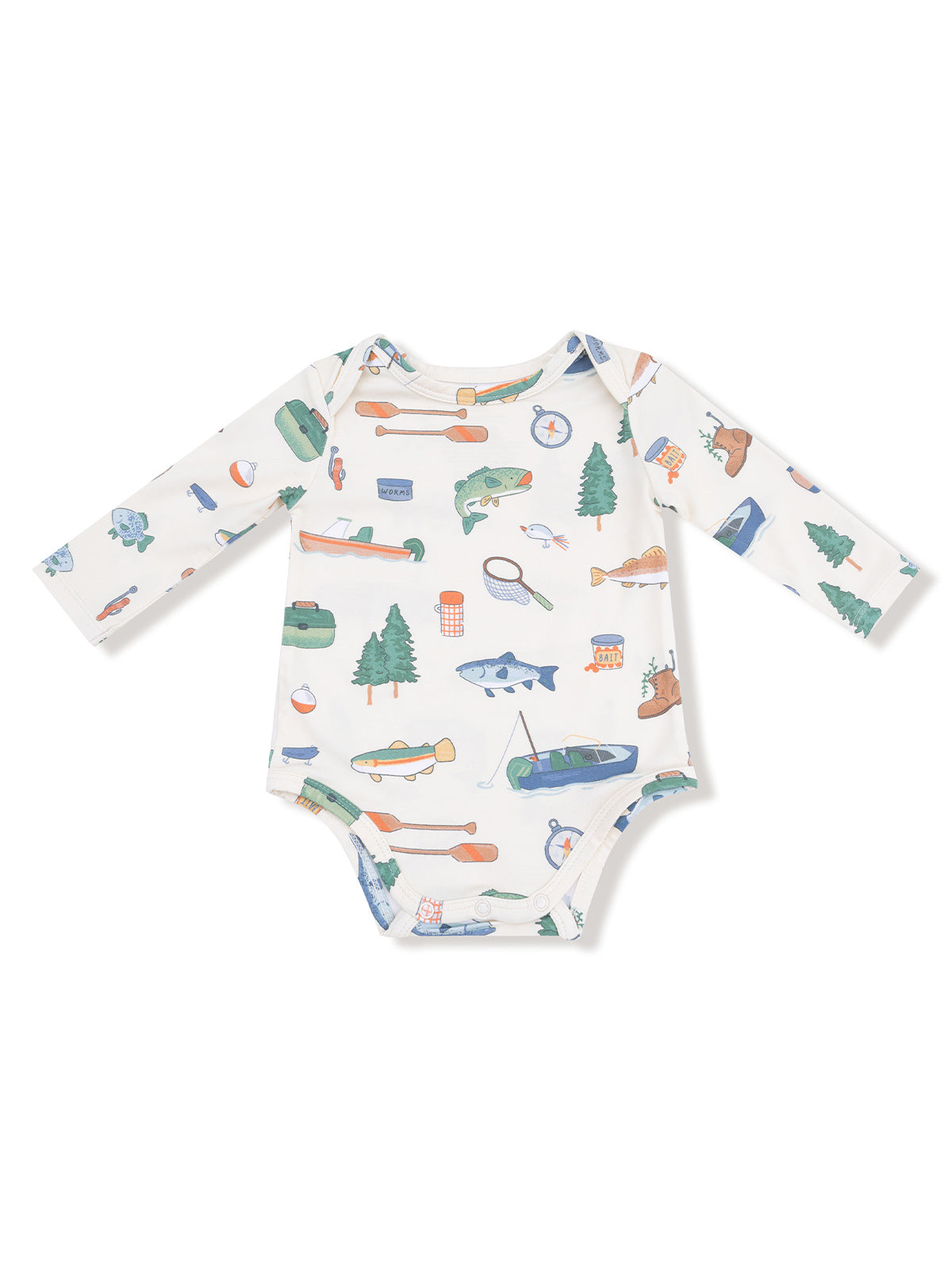 Toddler long-sleeve onesie with colorful fishing and camping-themed prints.