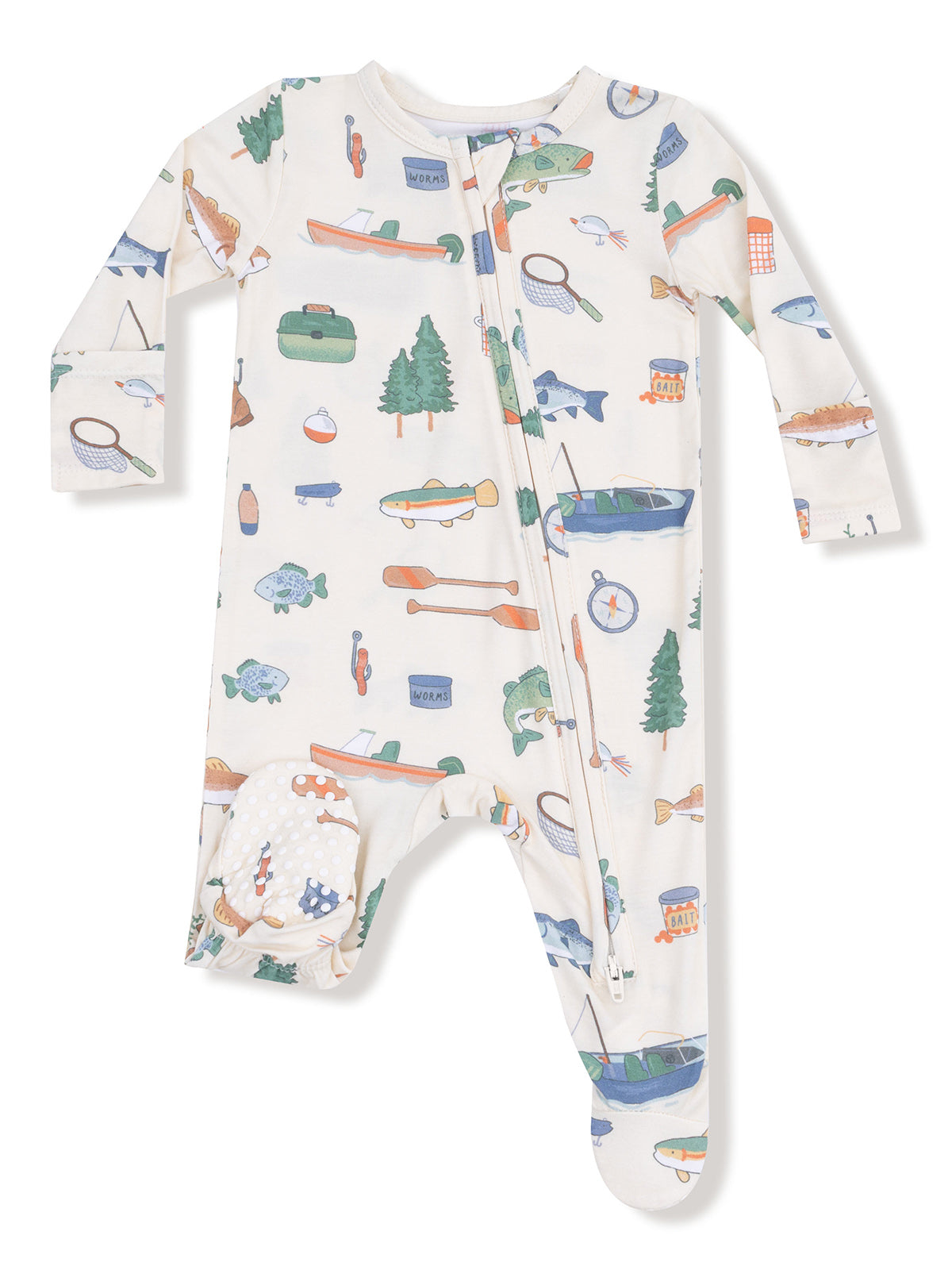 Children's fishing-themed zip-up onesie with colorful illustrations of boats, fish, and fishing gear.
