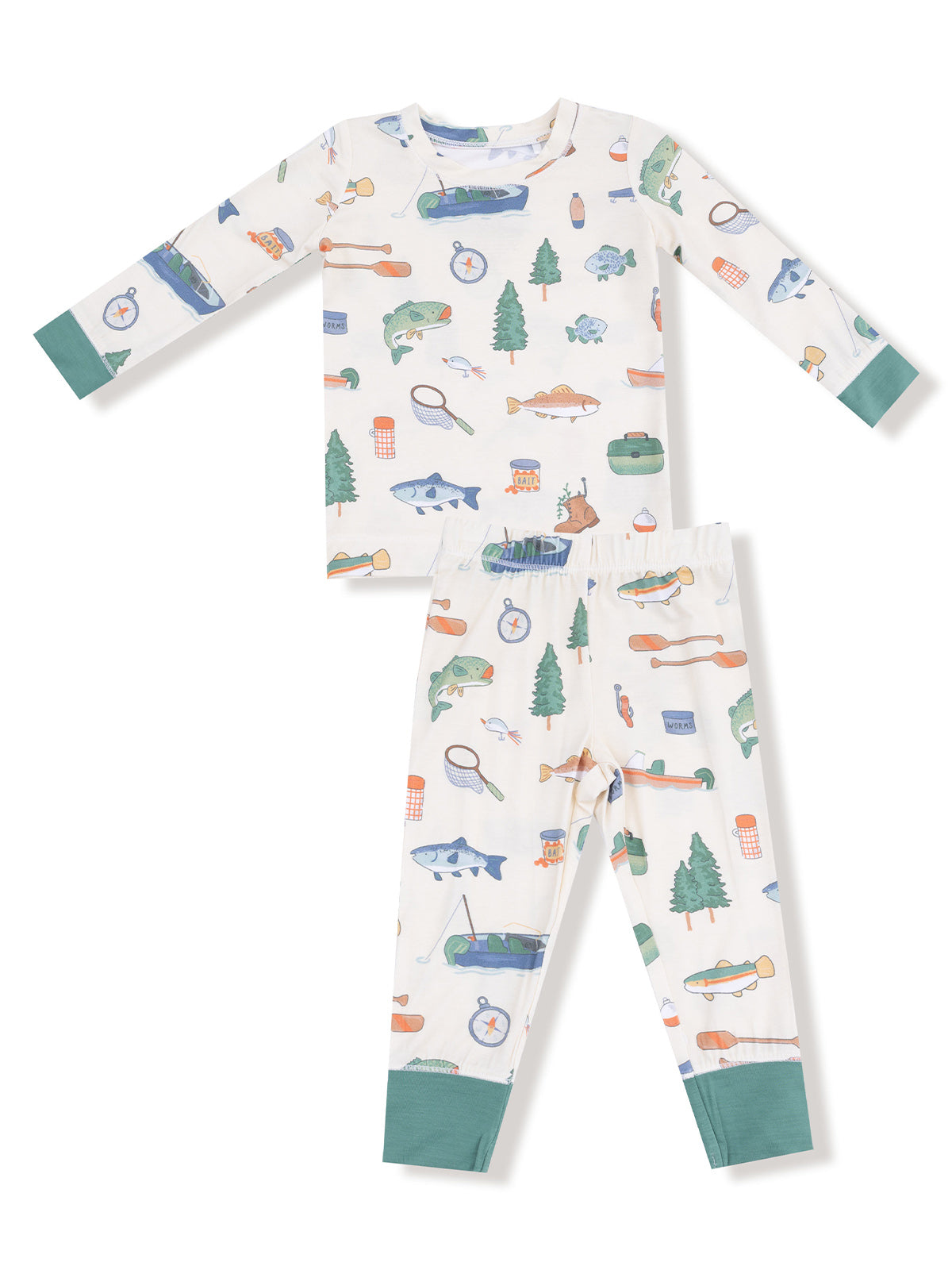 Children's pajamas with a playful fishing and nature pattern, featuring boats, fish, and trees.