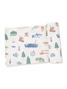 Light, patterned fabric featuring fishing-themed illustrations like fish, boats, trees, and camping gear.