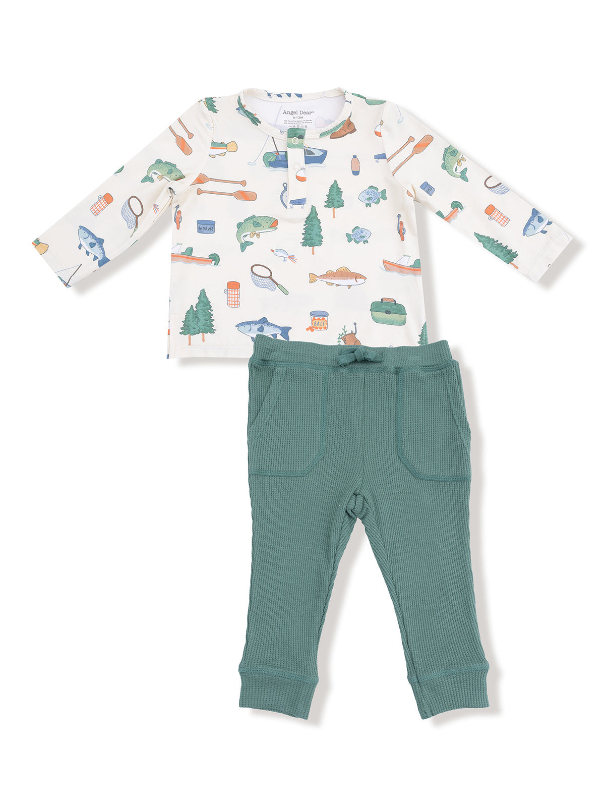 Children's outfit featuring a fishing-themed long-sleeve shirt and green ribbed pants.